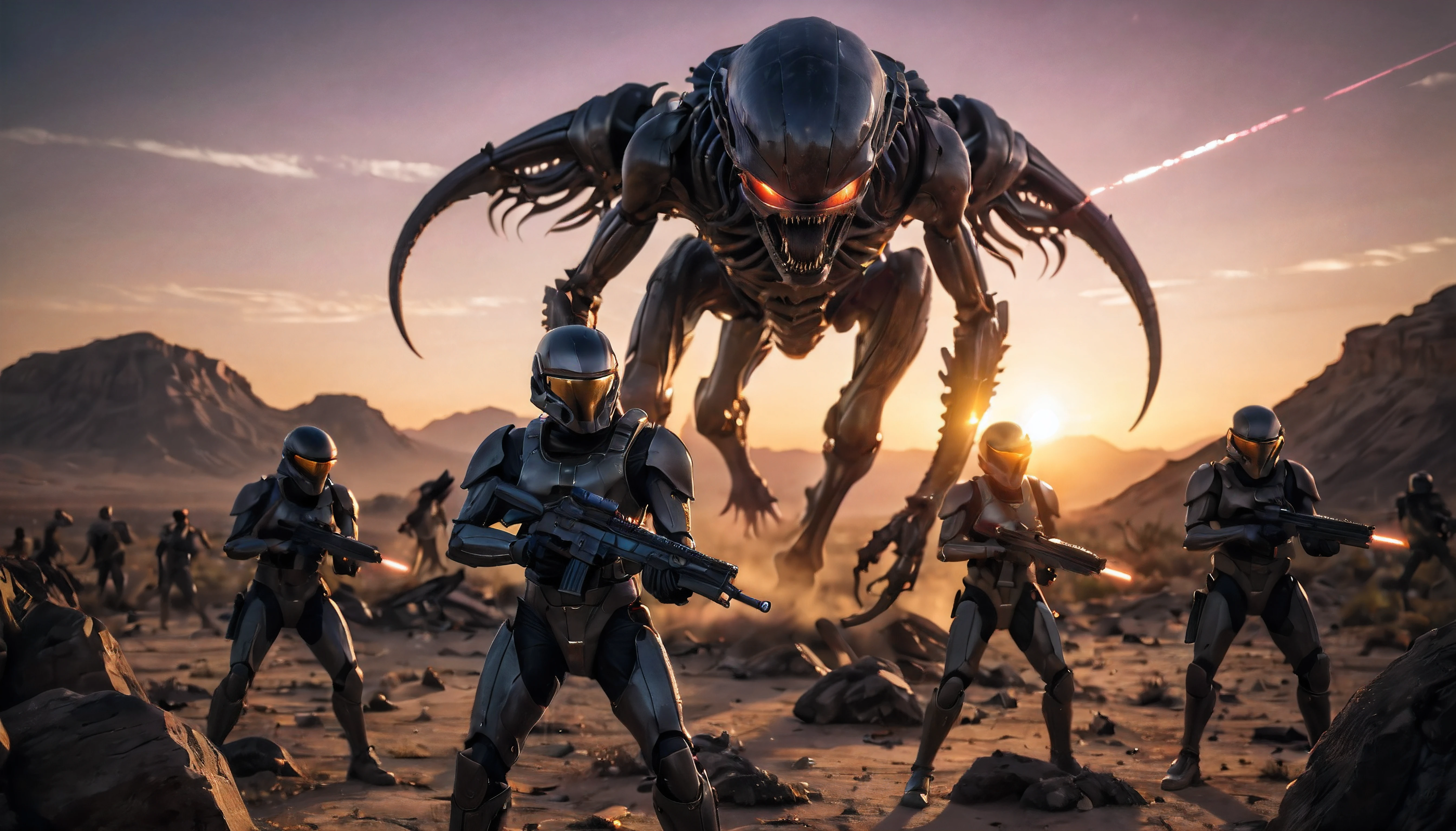 cinematic film still an epic battle, a squad of troopers with laser rifles in the foreground, a gigantic xenomorph on an alien desert world in the background, two setting suns at sunset, high contrast, bold colors, . shallow depth of field, vignette, highly detailed, high budget, bokeh, cinemascope, moody, epic, gorgeous, film grain, grainy