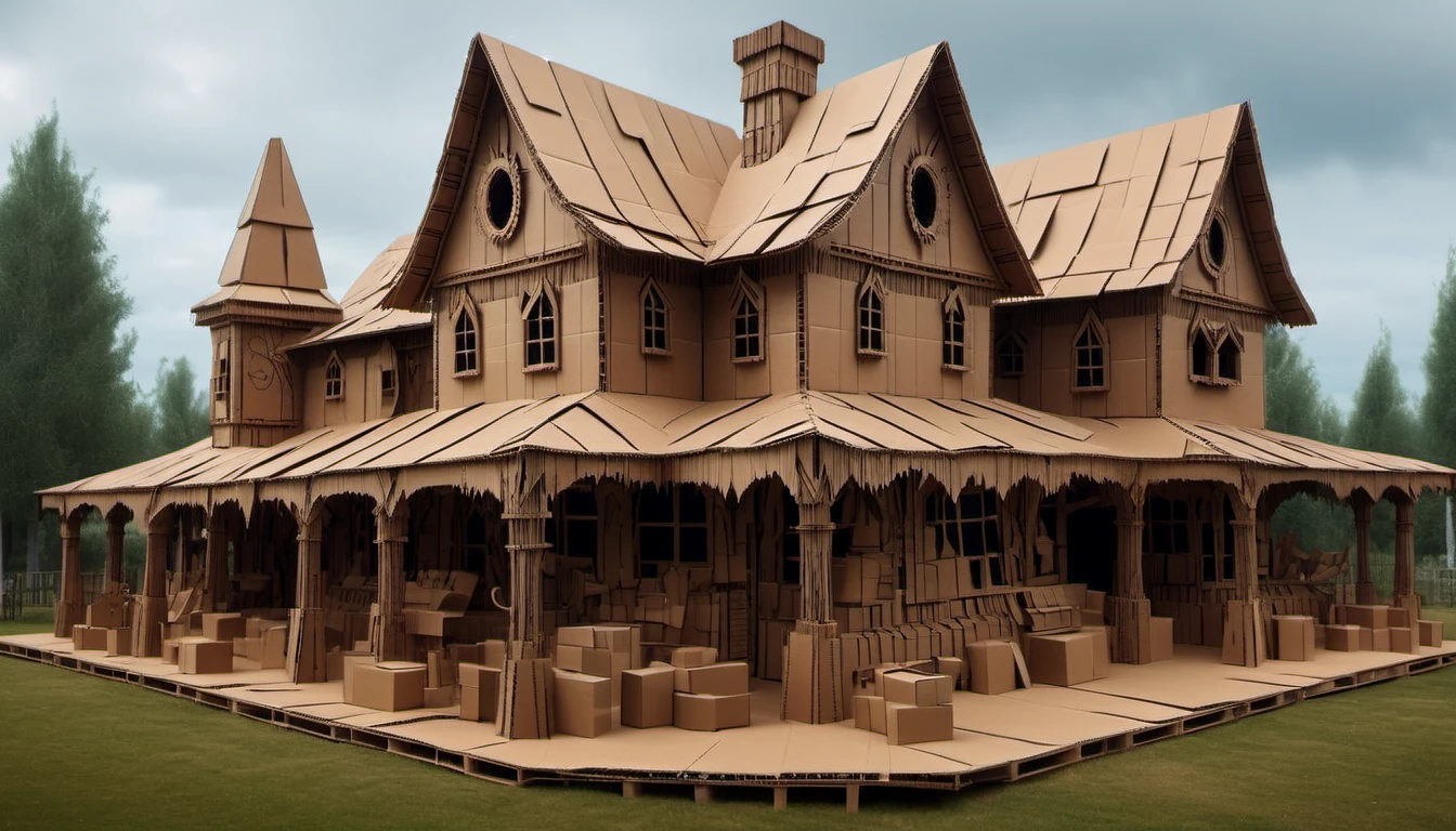 CardboardRay, landscape of a Exotic The Prancing Pony Inn, it is wearing an its made of cardboard, The made of cardboard is inspired by the Bloodborne game npc, Clear skies, Ultrarealistic, elegant, hard light, 800mm lens, flawless, mysterious