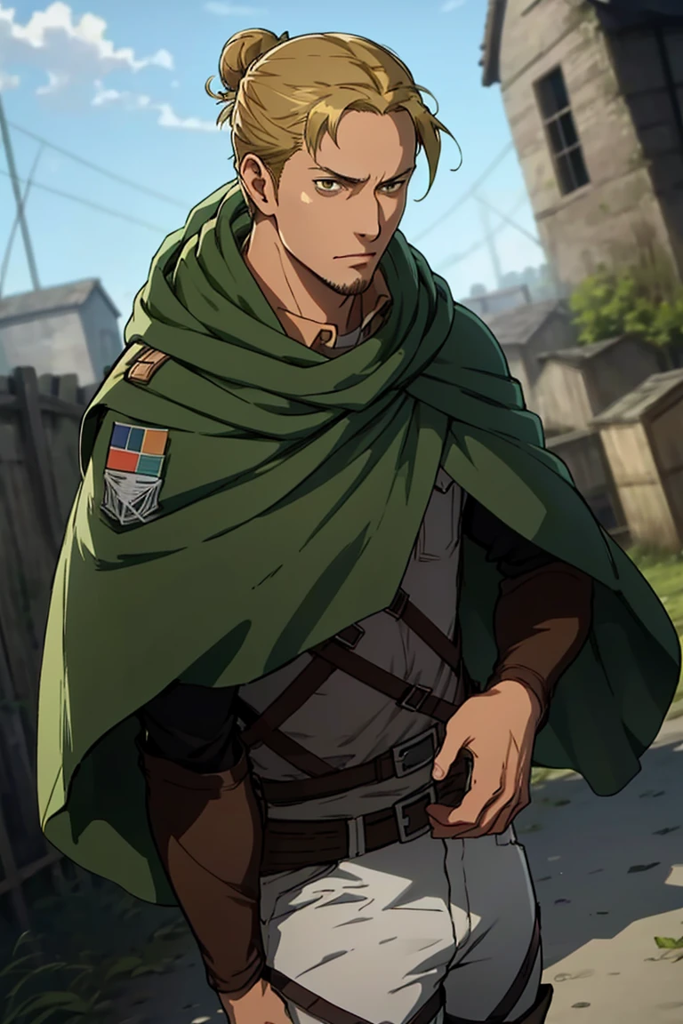 solo male, Eld Gin, Attack on Titan, blond hair, middle parting hair, single hair bun, brown eyes, sideburns, thin goatee, Scout Regiment uniform, white shirt underneath, brown jacket, green cloak, white pants, knee boots, three-dimensional maneuver gear, mature, handsome, charming, alluring, standing, upper body, perfect anatomy, perfect proportions, best quality, masterpiece, high_resolution, dutch angle, cowboy shot, photo background<lora:EMS-314283-EMS:0.800000>