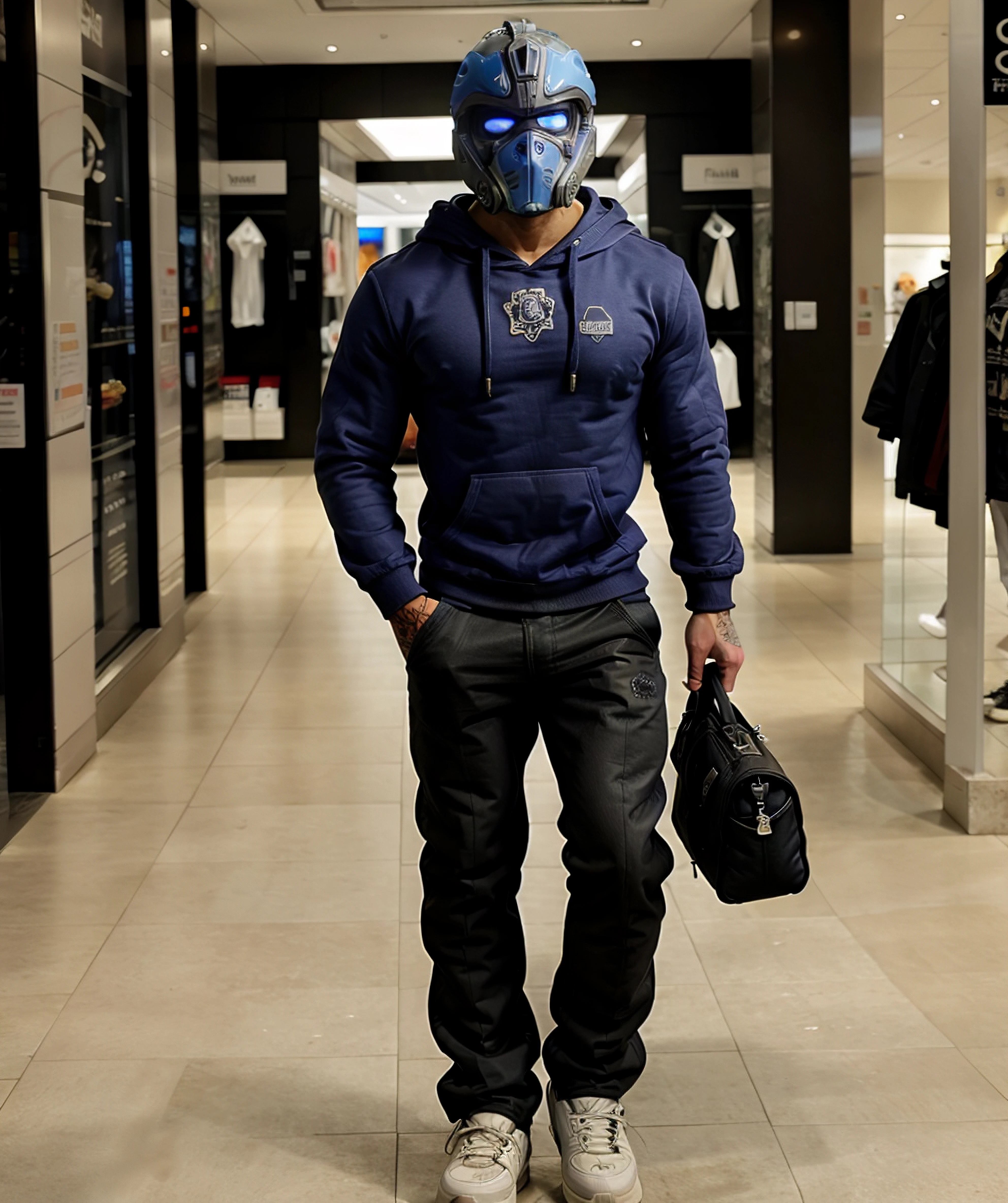 clayton_carmine, mall, blue hoodie, long pants, muscular, (helmet:1.2), tattoo, walking <lora:Clayton_Carmine:0.8>