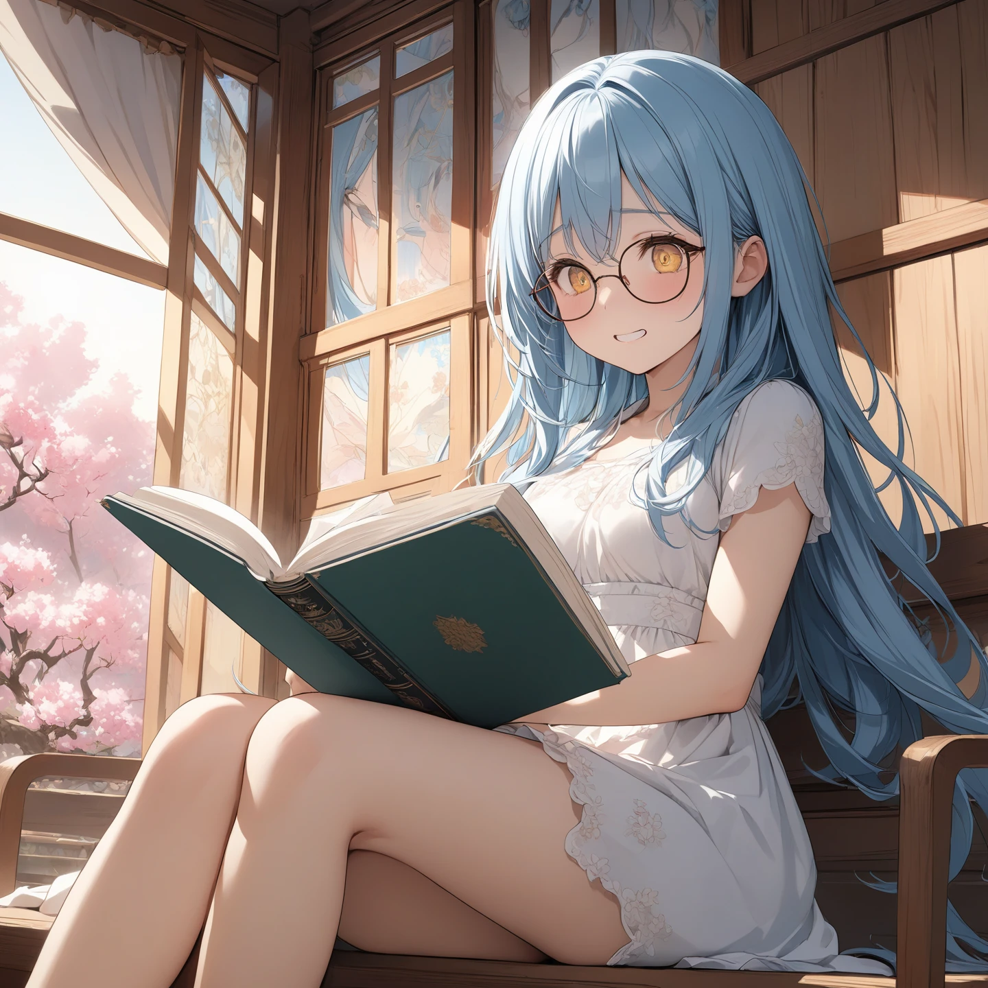 best quality,highly detailed,masterpiece,ultra-detailed,illustration,masterpiece,{{{Lori}}},1gril,Yellow eyes,Light blue hair,Long hair,{{Wearing glasses}},have bright eyes and white teeth,Big eyes flashing,Shy expressions,with a face like a peach blossom,slim figure,Dress up very brightly,Lovely,{{{in a magnificentlibrary}}},Indoors,on a summer afternoon,Look to the audience,Sitting on a wooden bench reading a book,extremely detailed CG unity 8k wallpaper,The sunlight shining in,dynamic angle