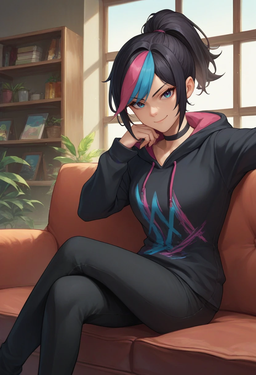 score_9, score_8_up, score_7_up, source_anime, 1girl, wyldstyle, smirk, looking at viewer, sitting, crossed legs, couch, multicolored hair, black hair, ponytail, black hoodie, long sleeves, black pants, choker, indoors <lora:legomovie_wyldstyle_ponyXL:1>
