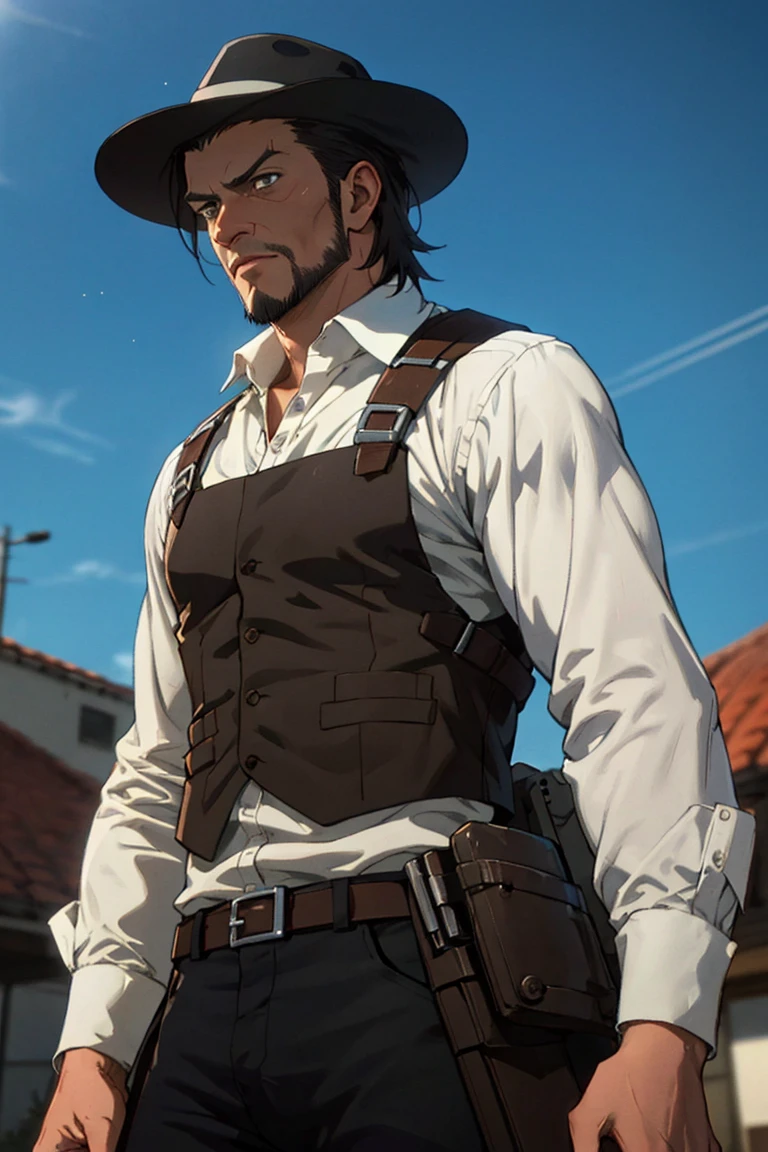 solo male, Kenny Ackerman, Attack on Titan Anime style, brown hair, hair slicked back, grey eyes, sideburns, thin beard along jawline, white collared shirt, long sleeves, (simple black vest, long vest), black pants, (dark fedora hat), (vertical maneuvering equipment, metal armor, holster), athletic build, middle-age, mature, handsome, charming, alluring, standing, upper body, perfect anatomy, perfect proportions, best quality, masterpiece, high_resolution, dutch angle, cowboy shot, photo background, vintage bar, holding handgun<lora:EMS-313595-EMS:0.700000>