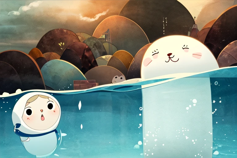 Song of the Sea, a cartoon seal and a girl swimming in the ocean, Saoirse, <lora:SOTS_version_2_fuwa-000003:1>