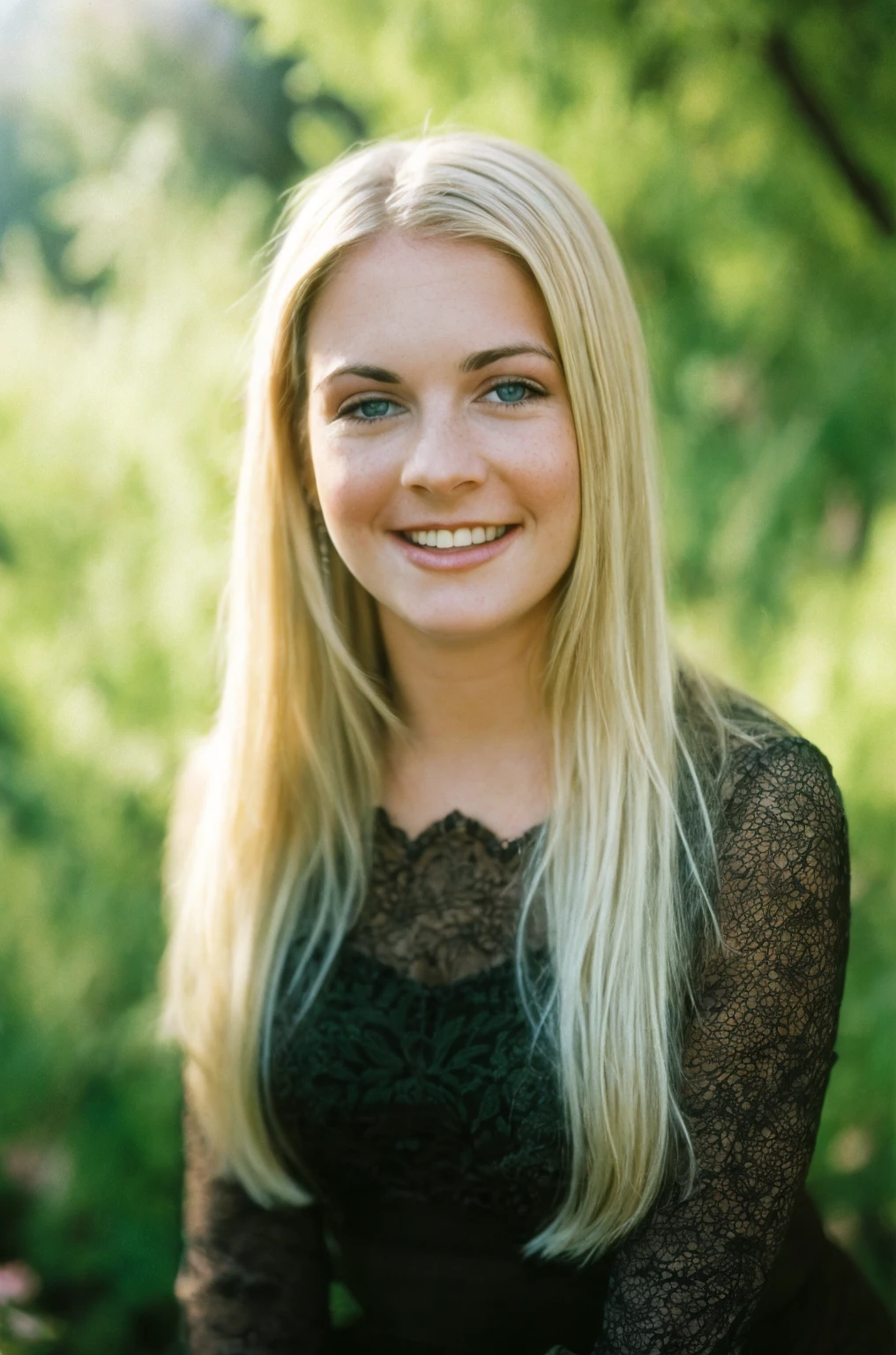 raw photo of s4brina <lora:s4brina:1>, detailed skin,blonde, detailed eyes, epiCPhoto, dslr, wears black sexy dress:1, (bokeh:1.2), cinematic, photography By David Hamilton, in the nature, sunny day, looking at viewers, upper body, smiling, render, octane, fine art photography, pale white skin