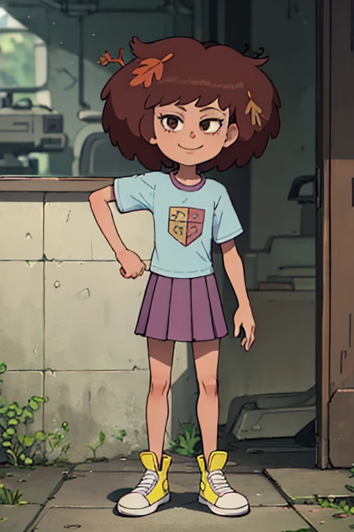 <lora:AnneAmphibia3.0:0.6> anne, 1girl, brown hair, short hair, solo, leaf on head, grey shirt, skirt, pleated skirt, one shoe, standing,looking at viewer, smile,