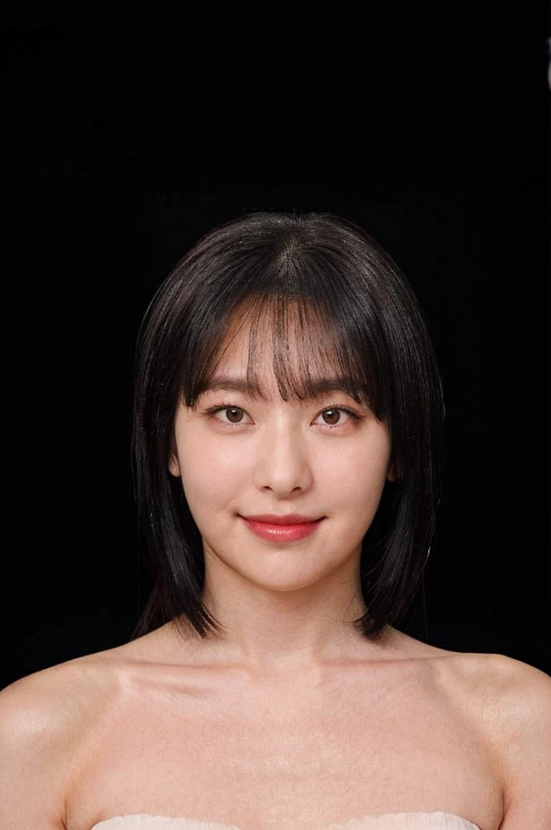 (extremely detailed eyes), korean idol, (((strapless))), raw photo, 1girl, (looking at viewer), upper body, ((full plain black background:1.3)), (Strapless_tube_top:1.5), bare shoulders, (((bare neck))), bare head, collarbone, (((closed mouth smile))), ((long black hair with bangs:1.3)), natural skin colour, <lora:seulgilorashy:0.85>