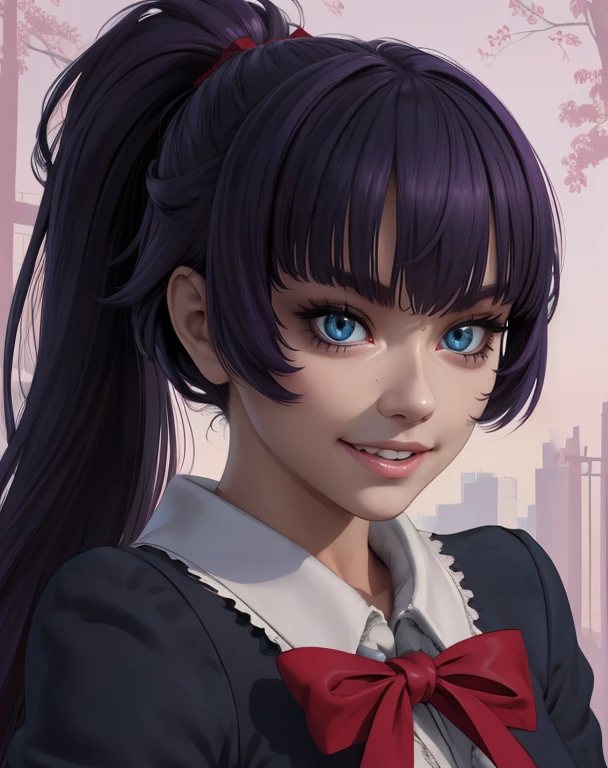 Saaya,purple hair,blue eyes,ponytail,bangs,
black school uniform,red ribbon,fingerless gloves,
solo,upper body,smile,standing,
schoolyard,morning,
(insanely detailed, beautiful detailed face, masterpiece, best quality),<lora:Saaya:0.8>,