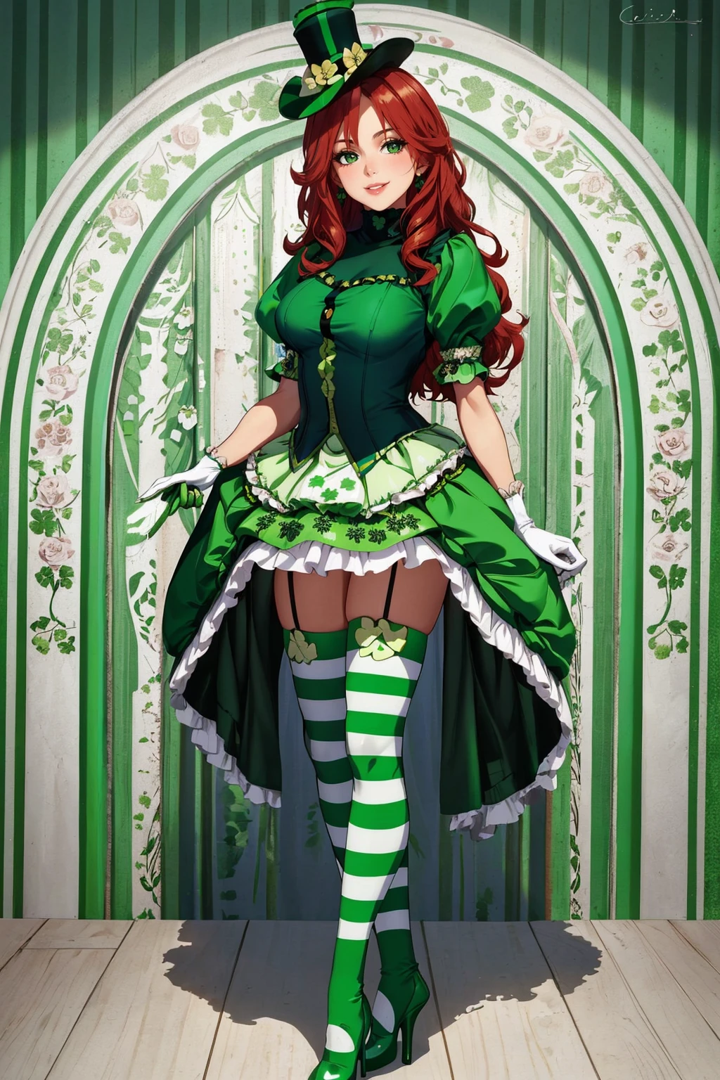 ((masterpiece,best quality,edgQuality)),(smile),1girl,solo,standing,posing,
edgShamrock,green dress, long hair, skirt, thighhighs, gloves, hat, turtleneck,edgASA1, red hair, boots, shoes,striped, puffy sleeves, high heels, green striped thighhighs, top hat, clover print, green footwear , wearing edgShamrock
<lora:edgShamrock:1>