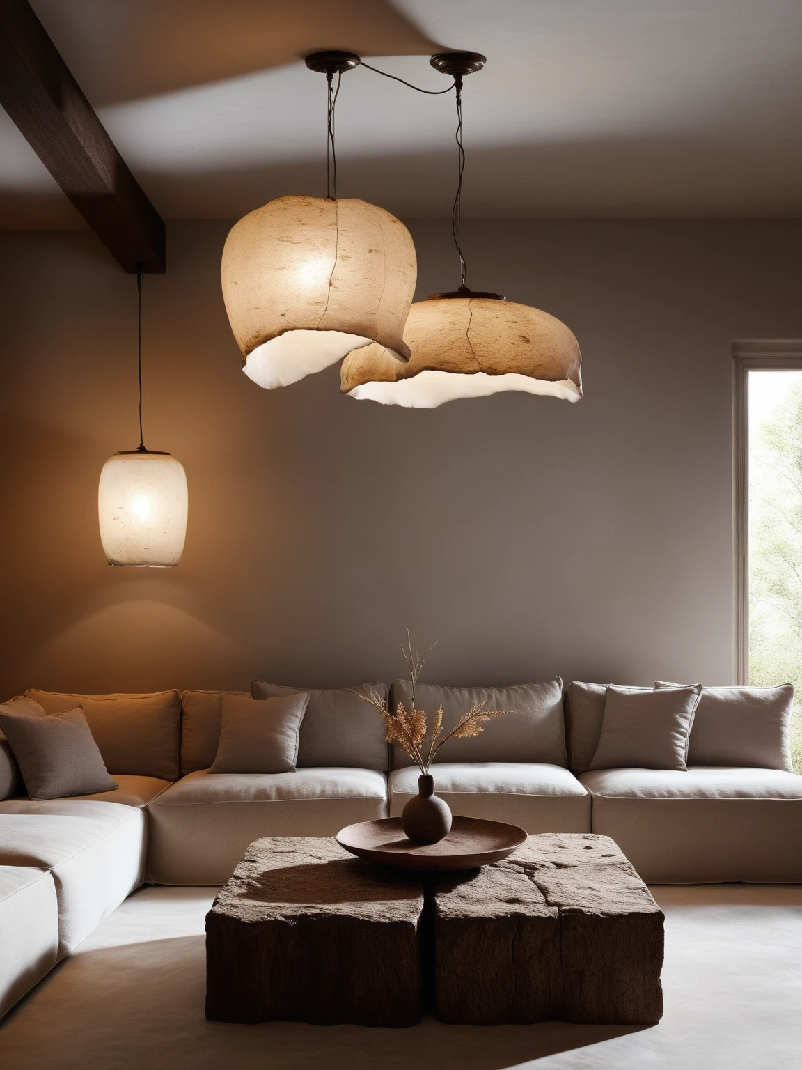 <lora:JJsWabiSabiStyle_XL:1>, ((Wabi Sabi)), ((best quality)),((masterpiece)),((realistic)),  photorealistic,  authentic, soft lighting, ,indoor scenery,sofa, table ,ceiling light, window ,  wall,