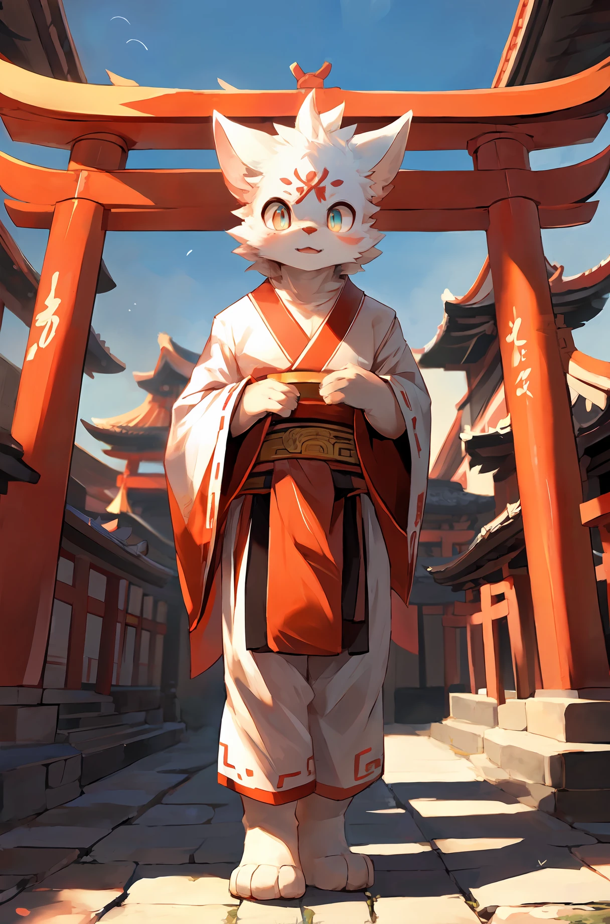 pupils,bright_pupils,furry,solo,1boy,colorful,gohei,torii,chinese style architecture,miko,