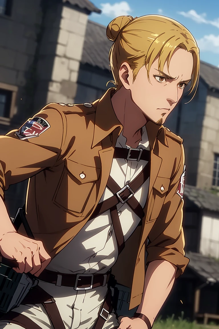 solo male, Eld Gin, Attack on Titan, blond hair, middle parting hair, single hair bun, brown eyes, sideburns, thin goatee, Scout Regiment uniform, white shirt underneath, brown jacket, white pants, knee boots, three-dimensional maneuver gear, mature, handsome, charming, alluring, standing, upper body, perfect anatomy, perfect proportions, best quality, masterpiece, high_resolution, dutch angle, cowboy shot, photo background<lora:EMS-314283-EMS:0.600000>