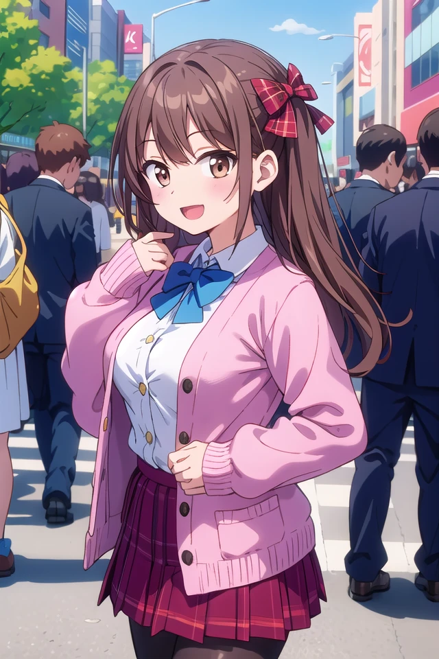 insanely detailed, absurdres, ultra-highres, ultra-detailed, best quality,
1girl, solo, nice hands, perfect hands
BREAK
(School Uniforms:1.2), (pink cardigan is fit body:1.4), ((do up a buttons, not loose):1.5), ((long sleeve, sleeves past wrists):1.2), (inner wear is white collared-shirt:1.3), (red plaid-pattern bow:1.3), (red plaid-pattern pleated skirt:1.3), ((dark-brown pantyhose, loafers):1.2)
BREAK
happy smile, laugh, open mouth, standing,
from side,
cute pose, cowboy shot
BREAK
slender, kawaii, perfect symmetrical face, ultra cute girl, ultra cute face, ultra detailed eyes, ultra detailed hair, ultra cute, ultra beautiful
BREAK
in harajuku, shibuya, tokyo, street, crowd, cityscape
BREAK
medium large breasts,
(brown hair, brown eyes), hime cut