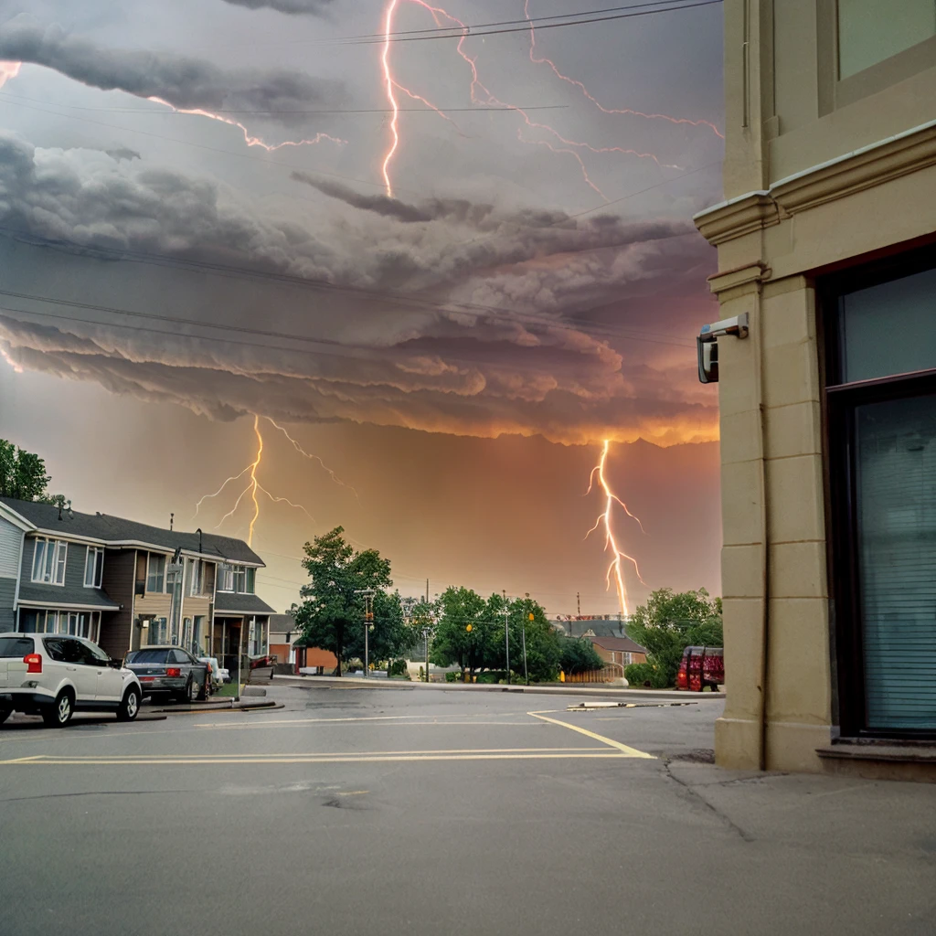 a view of a picture of a street with a fire hydrant in the foreground and a lightning bolt in the background