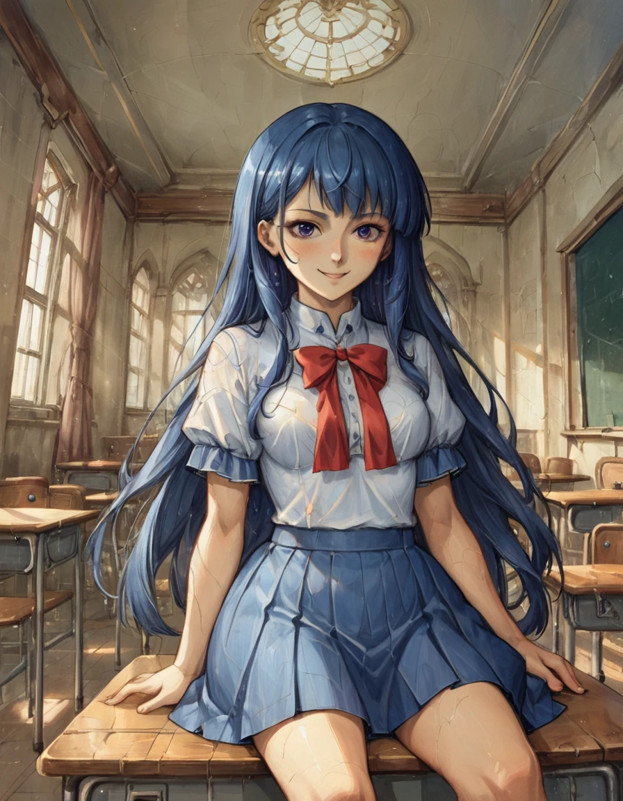 anime artwork score_9, score_8_up, score_7_up, score_6_up, score_5_up, score_4_up, source_anime, BREAK, 1girl, bernkastel, long hair, blue hair, purple eyes, indoors, classroom, school uniform, upskirt, light smile, oil painting, traditional media . anime style, key visual, vibrant, studio anime, highly detailed