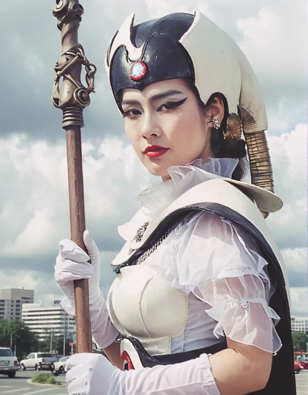 juuzaxl. upper body of a beautiful woman with makeup wearing a costume and holding a long staff. retro filter, gloomy, cloudy, plaza background.  <lora:juuzaXL:1>