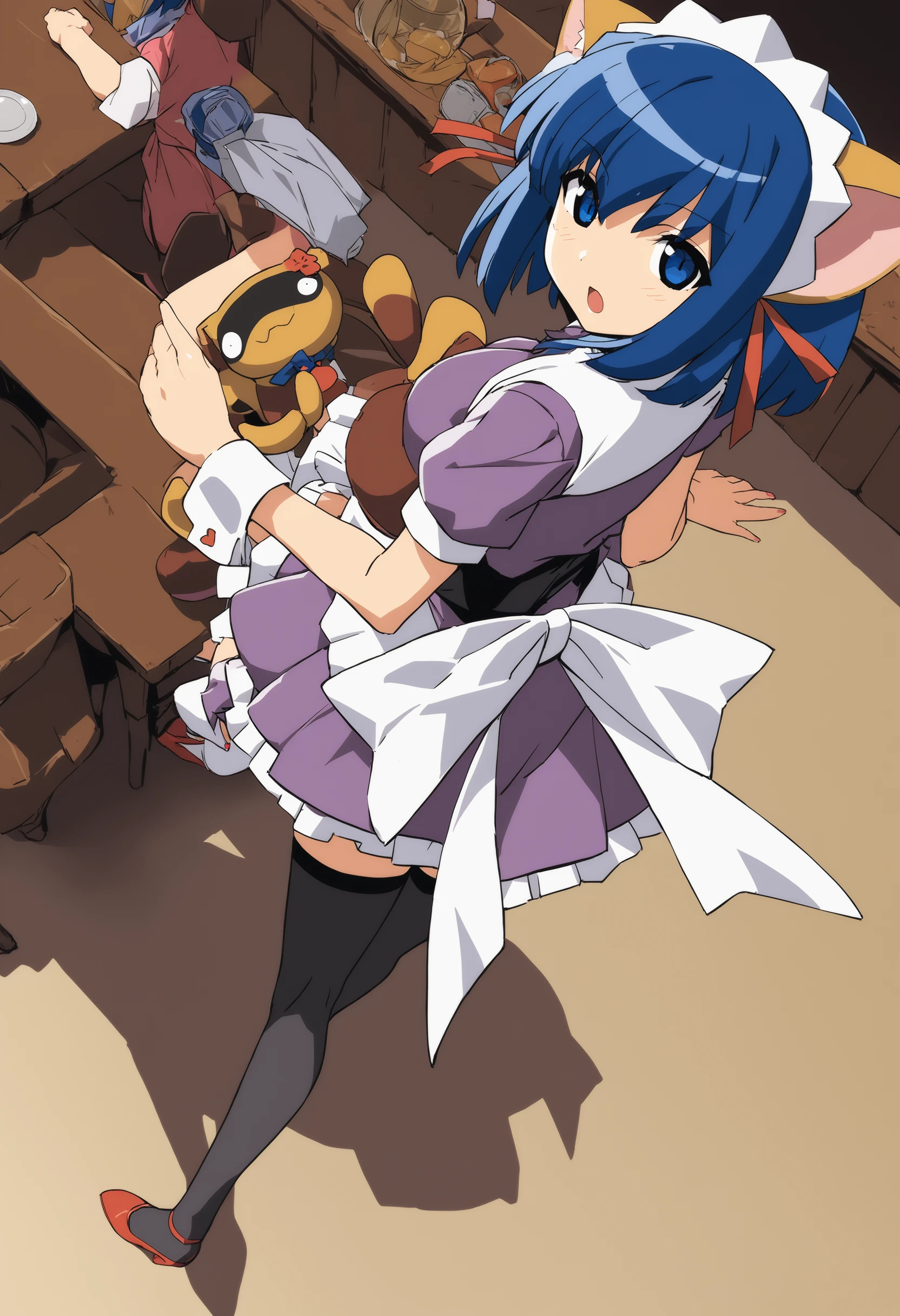 1girl, mmkoyori , nurse witch komugi-chan,<lora:koyoriXLv1:0.8>,
solo, animal ears, blue hair, blue eyes, short hair, maid, maid headdress,zettai ryouiki, black legwear,
from above, full body, looking back, doyagao, in tavern, open mouth,
best quality,medium quality,