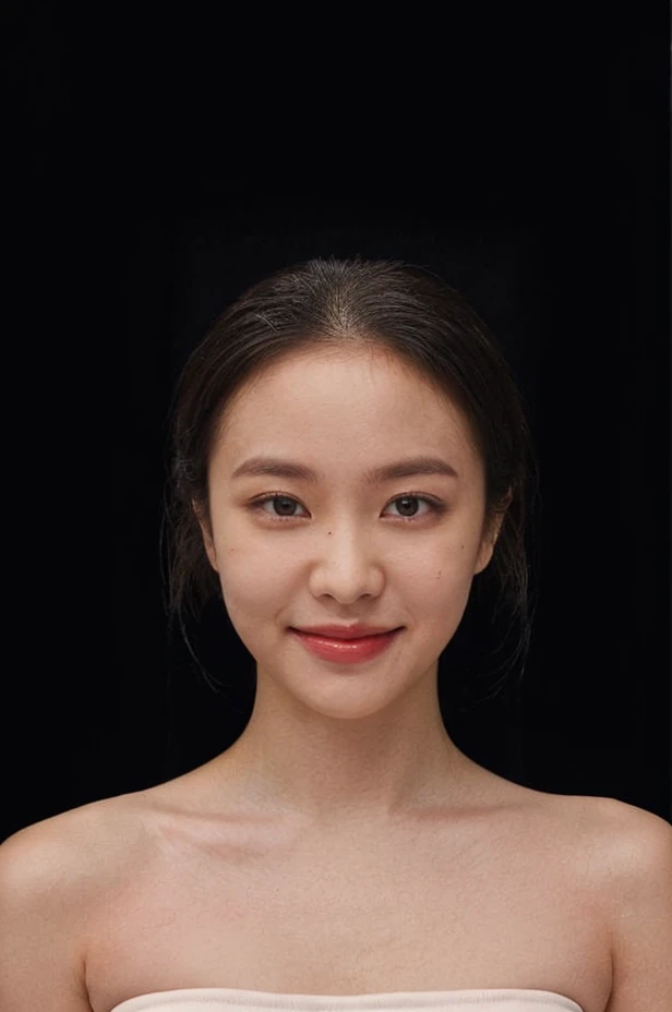 (extremely detailed eyes), korean idol, (((strapless))), raw photo, 1girl, (looking at viewer), upper body, ((full plain black background:1.3)), (Strapless_tube_top:1.5), bare shoulders, (((bare neck))), bare head, collarbone, (((closed mouth smile))), natural skin colour, <lora:yerilorashy:0.85>