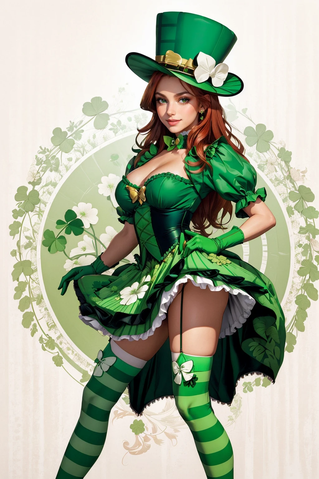 semi-voluptuous woman in a short green dress with garter holding up thigh high green stockings and hat, long red hair, celtic fantasy art, celtic fantasy, clover, poison ivy, fae, goddess of mischief, green magic, wearing green tophat, pixie, fairy, celtic,