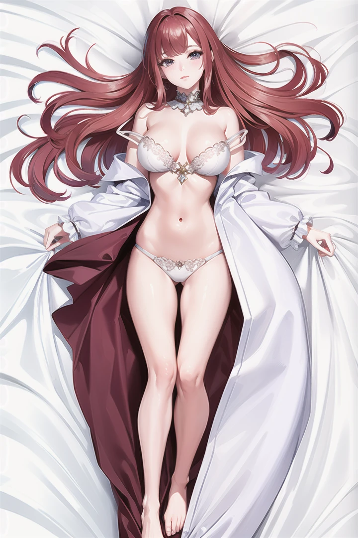 (Highest picture quality), (Master's work), (ultra-detailed), (Detailed eye description:1.2), masterpiece, best quality, 1girl, solo,    <lora:Dakimakura:1>, dakimakura, on back, on bed, full body,