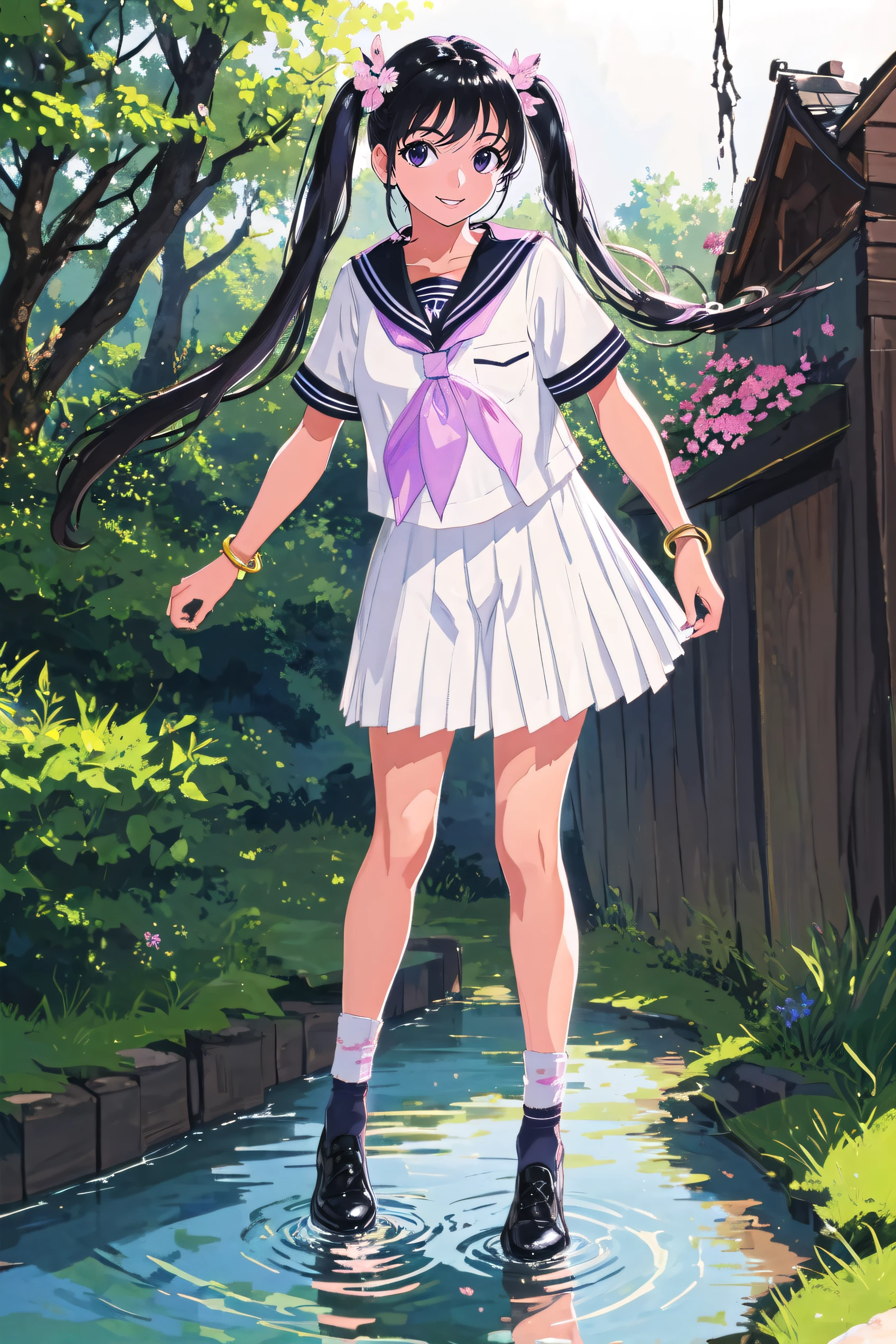 masterpiece, best quality, official art, extremely detailed , ultra high res, ultra detailed, incredibly absurdness, Ultimate detail, Clothing details, middle breast, wide shot, standing,
(1girl:0.7), extremely beautiful face, (leather shoes:0.7), (white ankle socks:0.8), outdoors,  hair ornament,  sailor collar, pleated skirt, purple bracelet,  pink neckerchief, (low twintails,:1.1)
((haunting smile, long hair, black hair)),(Fluffy hair:0.75), watery eyes, realistic skin, best shadow, soft light,(short-sleeved),original, full body, jk,
 <lora:jk shuishou_20230607235321-000012:0.75>