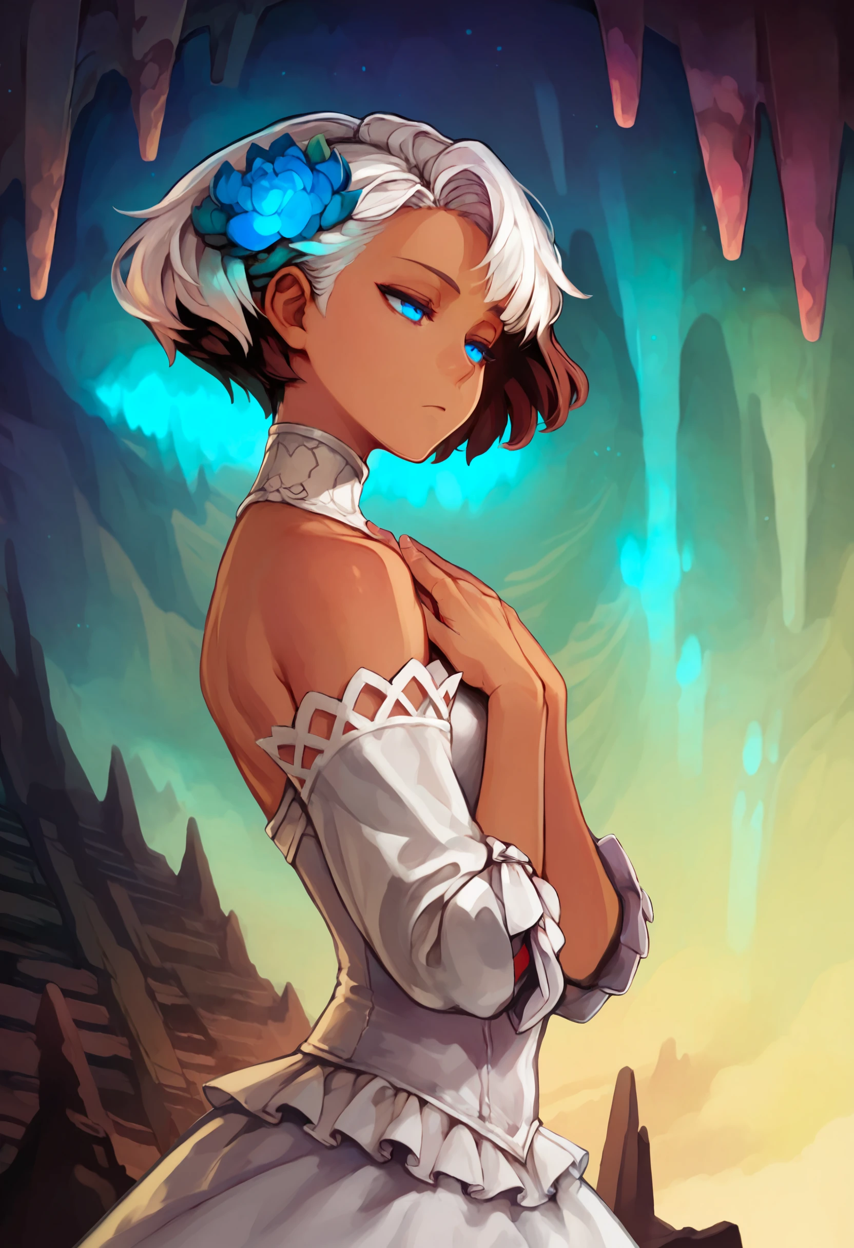 score_9,score_8_up,score_7_up,score_6_up,source_anime,<lora:Vanillaware_XL:1>,cowboy_shot,close-up,solo,1girl,from side,from below,wide hips,upper body,expressionless,dark skin,white hair,multicolored hair,short hair,blue eyes,wedding_dress,multicolored dress,cave,mist,glowing,frilled dress,fluffy,head_til,half-closed eyes,hands on chest,long sleeves,