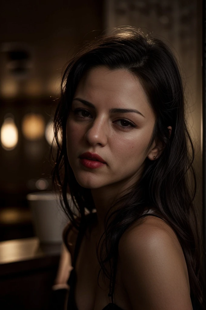 tv_Annet_Mahendru_A_V1, , red lips, dramatic makeup, sitting on a stool in a bar, 1930s speakeasy, holding a glass of red wine, mad-sincity, noir, B&W, volumetric smoke in the background, glam,, (((relaxed))), "epic-Ultra-HD-details", "epic-Ultra-HD-highlights", detailed skin, pores, PA7_Human-Likeness <lora:PA7_Beautify2:0,2>
