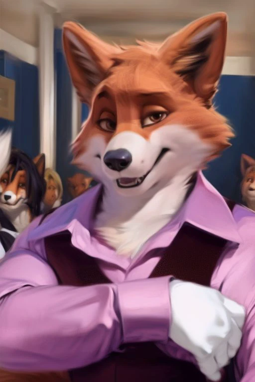 (by Meesh:1.0), (by darkgem:0.8), (by chunie:1), masterpiece, looking at viewer, male, anthro, <slora:add_detail:0.4>, (Foxy Bingo, Fox, Suit, Pink Shirt),  (Realistic)