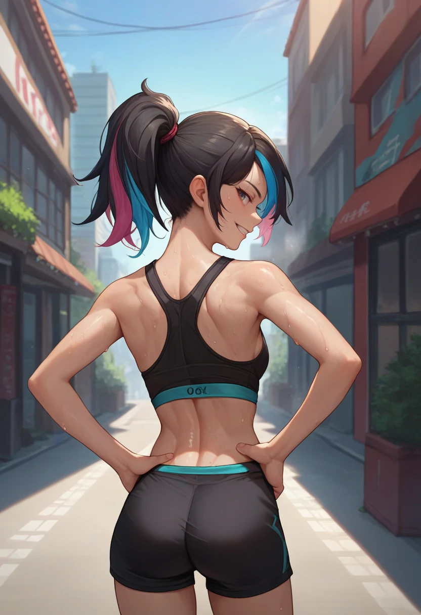 score_9, score_8_up, score_7_up, source_anime, from behind, solo, 1girl, wyldstyle, sweat, smile, looking back, hands on hips, multicolored hair, black hair, ponytail, black sports bra, black shorts, outdoors, city street <lora:legomovie_wyldstyle_ponyXL:1>