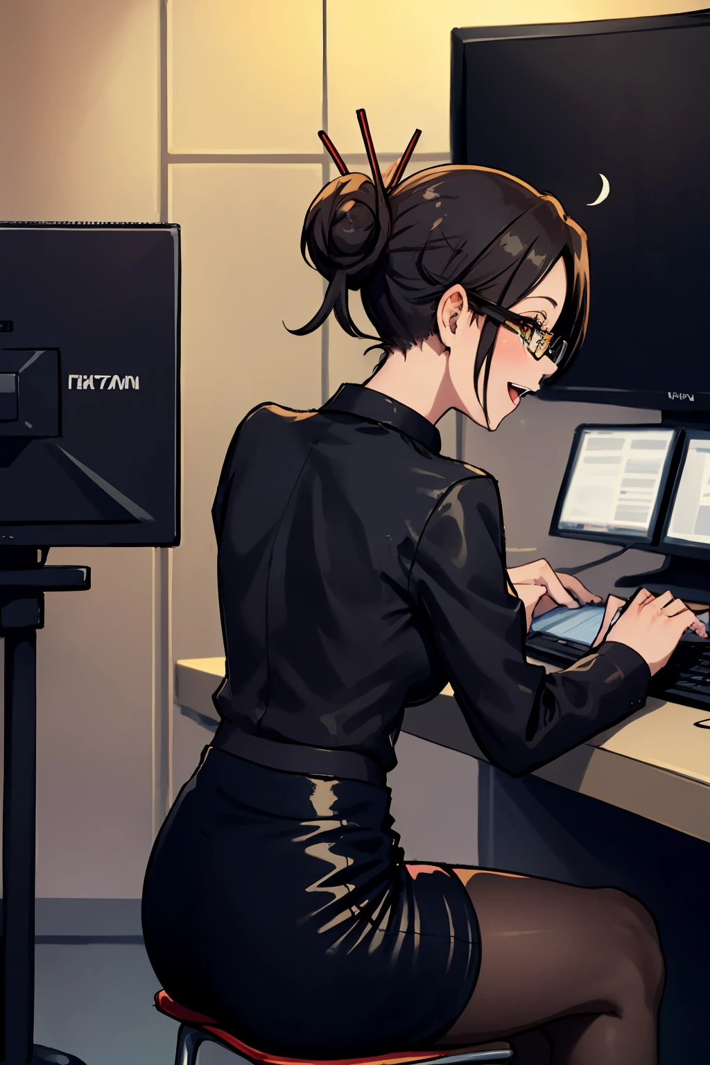 (masterpiece,best quality:1.2),1girl,jadehitman,sitting,behind desk,happy,:d,glasses,single hair bun,hair stick,long sleeves,black shirt,pencil skirt,pantyhose,upper body,in secret base,indoors,concrete,computer monitors, <lora:JadeNguyenHitman:0.9>, <lora:LORA-XenoDetailer-v2:0.1>