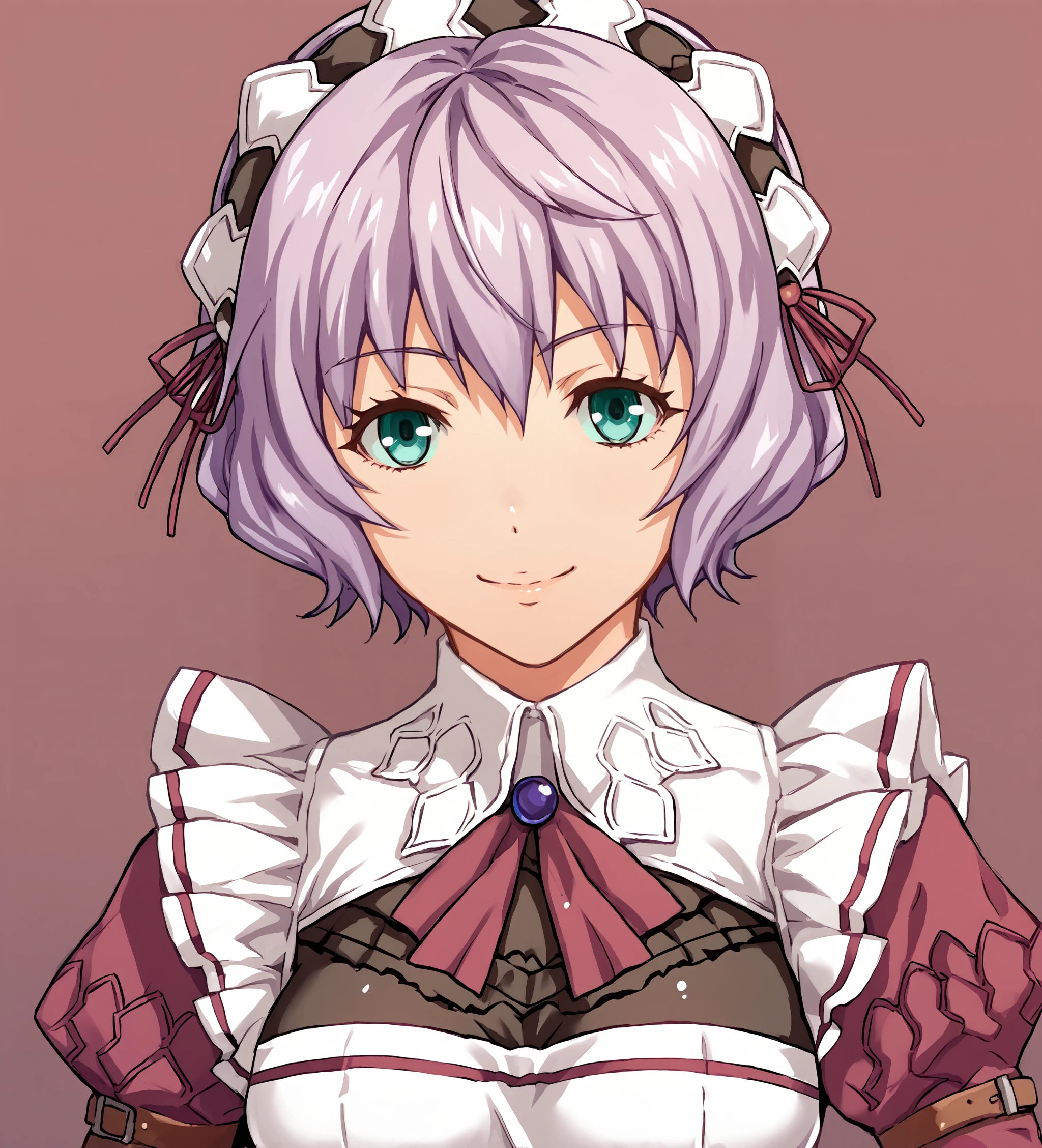 score_9, score_8_up, score_7_up, score_6_up, score_5_up, score_4_up, BREAK source_anime,
<lora:TrailsOfColdSteel-Erebonians:0.9>, Sharon Kreuger, lavender hair, short hair, aqua eyes, medium breasts, maid headdress, maid, (red:0.9) maid outfit, (long skirt:1.1), frills, brown boots,
<lora:gentle_sasaki:1>
looking at viewer, happy, smile,  upper body, portrait,
simple background,