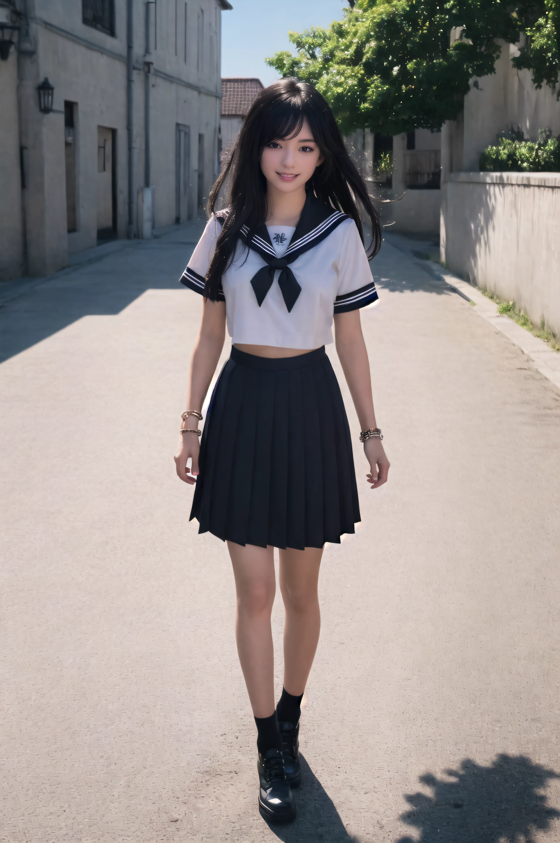 masterpiece, best quality, official art, extremely detailed , ultra high res, ultra detailed, incredibly absurdness, Ultimate detail, Clothing details, middle breast, wide shot,
(1girl:0.7), extremely beautiful face, (white ankle socks:0.8), outdoors,  (leather shoes:0.7), hair ornament,  sailor collar, pleated skirt, Jade bracelet,
((haunting smile, long hair, black hair)),(Fluffy hair:0.75), watery eyes, realistic skin, best shadow, soft light,(short-sleeved),original, full body, jk,
 <lora:jk shuishou_20230607235321-000012:0.75>