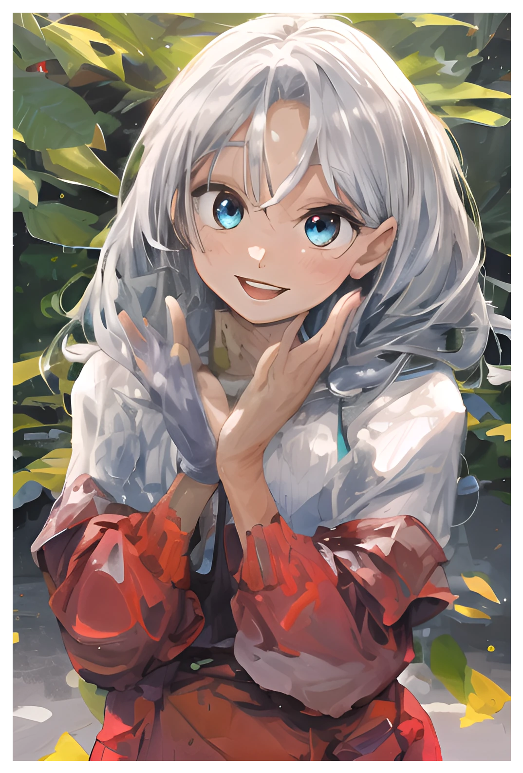 <lora:lemon20:0.3> <lora:add_detail:0.7> masterpiece, best quality, 1girl, solo, (lemon), long hair, breasts, (silver hair, white hair), long sleeves, long skirt, park, light pole, solo, upper body, looking at viewer, (smile), mouth open, teeth,