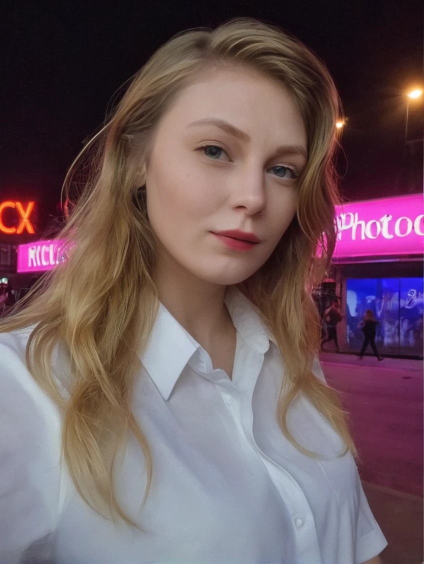 a beautiful picture of sydsnapXL, detailed skin texture,masterpiece, photorealistic, woman, 4k, RAW color photo,(fully in frame:1.1), (blush:0.5), (goosebumps:0.5),blonde,<lora:sydsnapXL:1> wearing a white shirt,city at night, neon lights