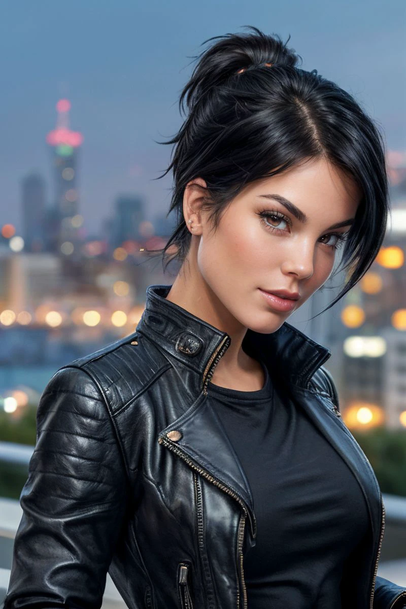 portrait of S343_JanaMiartusova,a gorgeous woman,in a (city),wearing a (leather-jacket:1.1),(cityscape),(4k, RAW photo, best quality, depth of field, ultra high res:1.1),(absurdres, intricate, photorealistic, masterpiece, ultra-detailed:1.1),