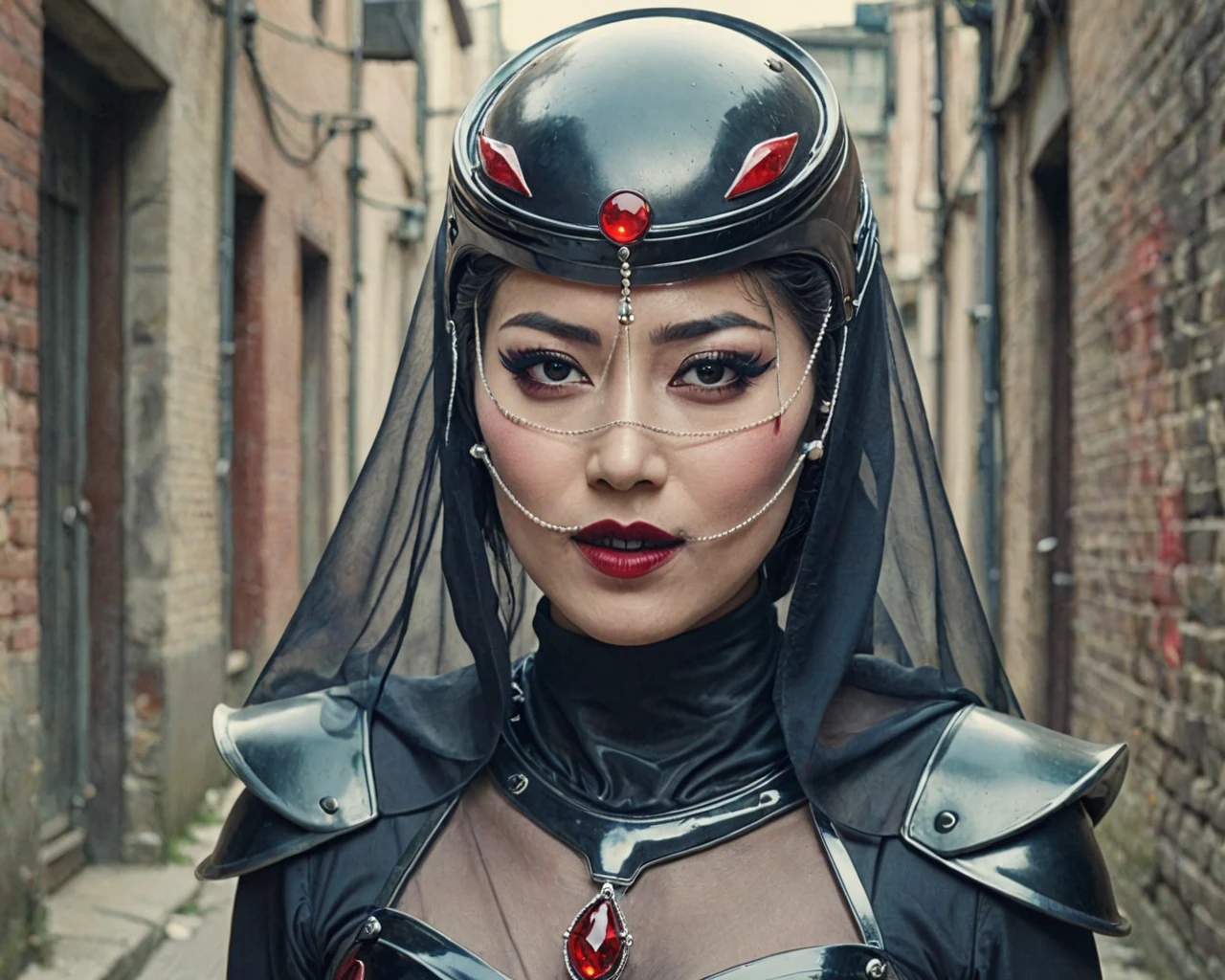 tsuetsuexl. upper body. A beautiful woman in a costume and (transparent black mouth veil) and helmet with red-gem. (retro filter, alley background, film grain, textured image) <lora:tsuetsueXL:1.0>