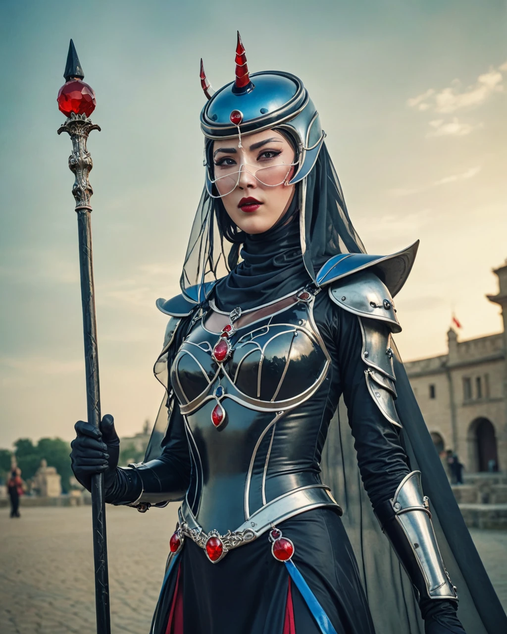 tsuetsuexl. full body. A beautiful woman in a long black and blue dress costume with armor and (transparent mouth veil) and helmet with red-gem holding a staff. (detailed face, retro filter, gloomy, sunset, plaza, film grain, textured image) <lora:tsuetsueXL:1.0>