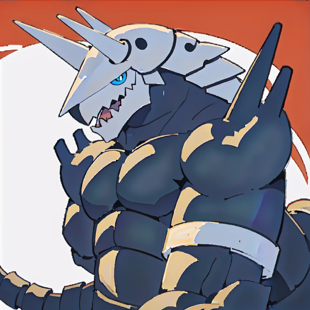 Aggron, smile, open mouth, tongue, closed eyes, ^_^, upper body, looking at viewer, hand up, looking at viewer, red background, pecs