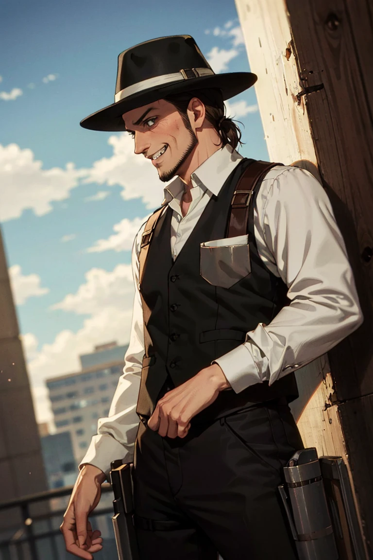 solo male, Kenny Ackerman, Attack on Titan Anime style, brown hair, hair slicked back, grey eyes, sideburns, thin beard along jawline, white collared shirt, long sleeves, (simple black vest, long vest), black pants, (dark fedora hat), vertical maneuvering equipment, armor, holster, athletic build, middle-age, mature, handsome, charming, alluring, grin, standing, upper body, perfect anatomy, perfect proportions, best quality, masterpiece, high_resolution, dutch angle, cowboy shot, photo background<lora:EMS-313595-EMS:0.800000>