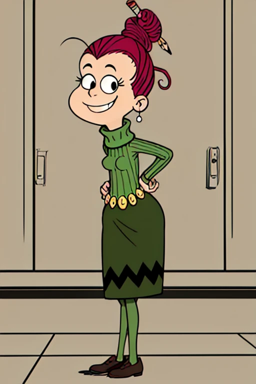 agnesj, 1girl, turtleneck, pencil in hair, hair bun, single hair bun, green sweater, belt, green skirt, brown footwear, black eyes,looking at viewer ,smile,school, <lora:AgnesJohnson(3.0):0.6>