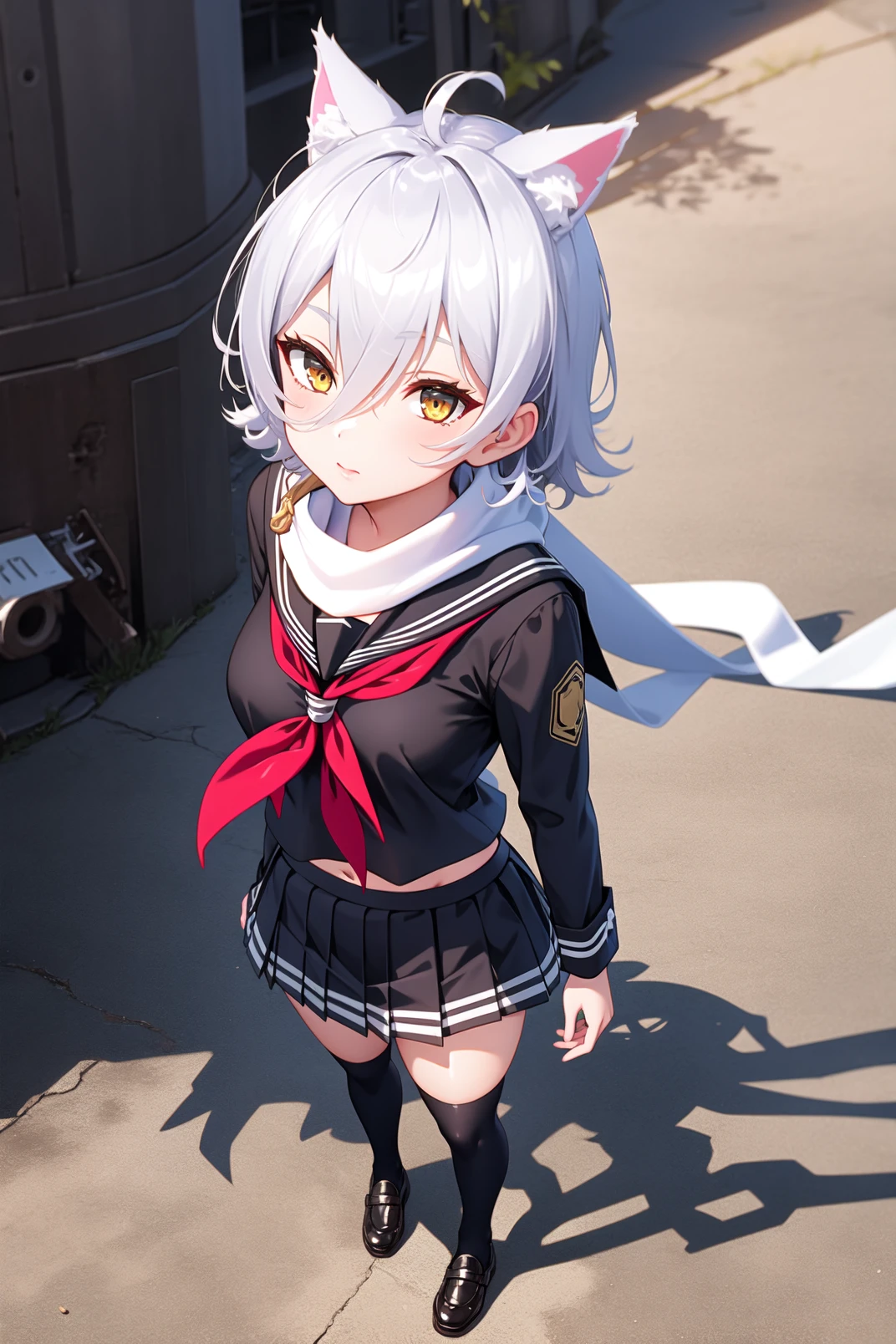 1girl, solo, (masterpiece, best quality), street, outdoors, small breasts, full body, from above, ,maya, yellow eyes, short hair, white hair, hair between eyes, cat ears, black school uniform, long sleeves, serafuku, sailor collar, red neckerchief, white scarf, navel, midriff, black skirt, pleated skirt, black socks, shoes