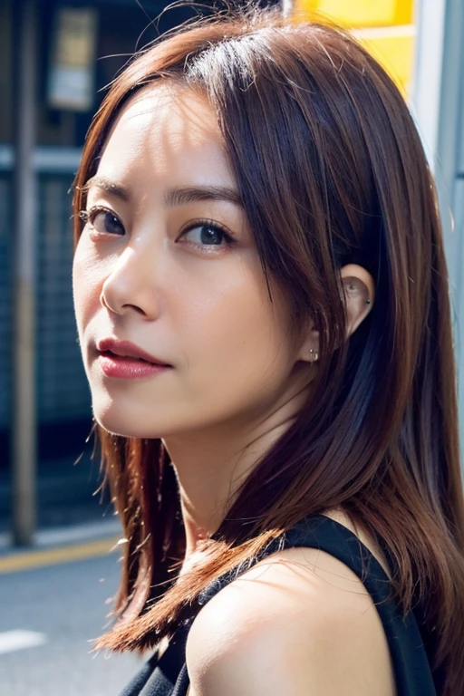 Best quality,masterpiece,ultra high res,(photorealistic:1.2),1girl,deep shadow,low key,(photorealistic:1.2),slim body,japanese street alley,dynamic pose,face closeup,brown hair,<lora:yuki_hsu:0.9>,