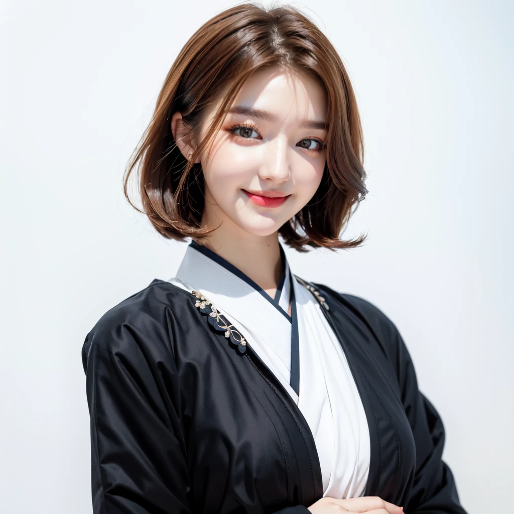 ultra high res, photo, 4k, absurdres, (incredible absurdity), ((masterpiece, best quality)), (wallpaper), (8k hd), <lora:AngelinaDanilova-05:1>, korean clothes, hanbok, solo, 1girl, smile, black hair, realistic, looking at viewer, simple background, traditional clothes, long sleeves, white background