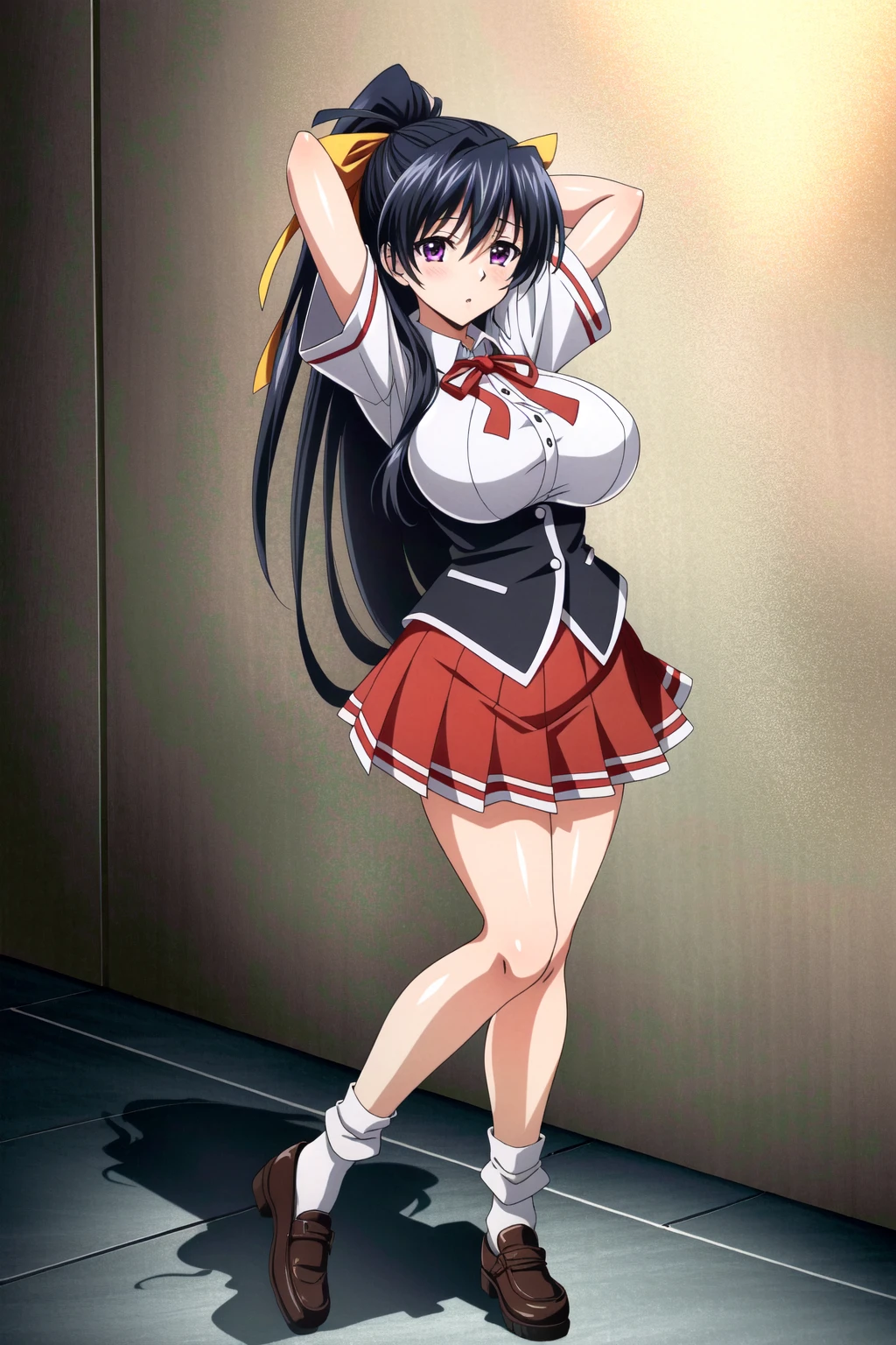 High tail hairstyle, two Ponytail hairstyle, Ponytail hairstyle, Long wavy black hair, standing posing, anime girl style, pixel art anime style,penetrating look with deep eyes,red and purple eyes, hair with a ponytail hairstyle trapped with a big red bun, women, red hair clips, x color shaped hair clips , smiling face blush, next to his bed, Skirt, tank top, Black hair, big thighs, NSFW, Skirt fluttering in the wind, perfect panty, from above, viento levantando su Skirt haciendo que se le vea el panty, hands in fist , Skirt fluttering in the wind, Skirt levantada, 