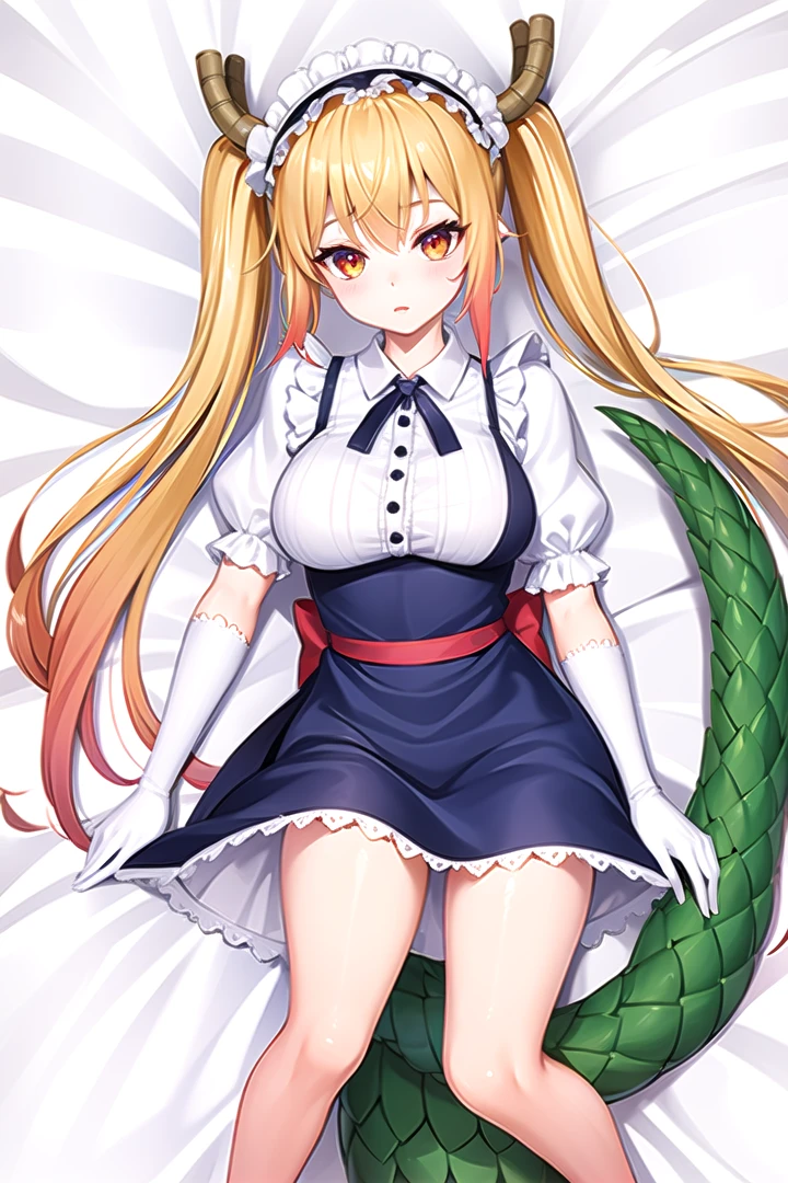 (Highest picture quality), (Master's work), (ultra-detailed), (Detailed eye description:1.2), masterpiece, best quality, 1girl,    <lora:Dakimakura:1>, dakimakura, on back, on bed, full body,    <lora:Tohru-10:0.8> tohru, 1girl, long hair, horns, dragon horns, solo, dragon girl, twintails, looking at viewer, maid headdress, slit pupils, large breasts, maid, gloves, white gloves, hair between eyes, tail, dragon tail, short sleeves, dress, scales