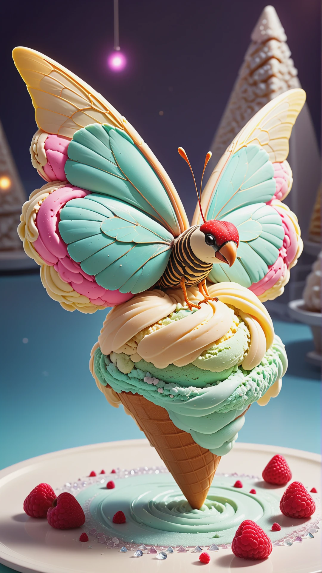 <lora:Gelato_Style_XL:1>GelatoStyle average cunning hive-like serene appendage-rich,  padded appendages, trifurcated-tailed, long-tailed, crystalized skin,    celestial wings ((consciousness merge,hypnotizing,mesmerizing,crystal brownian motion,faster-than-light (ftl) travel,perpendicular liness,liquid crystal,pyramid,diamond magic:1.0)
 wings attached to the back),
, made from gelato ice cream, (Masterpiece:1.3) (best quality:1.2) (high quality:1.1)