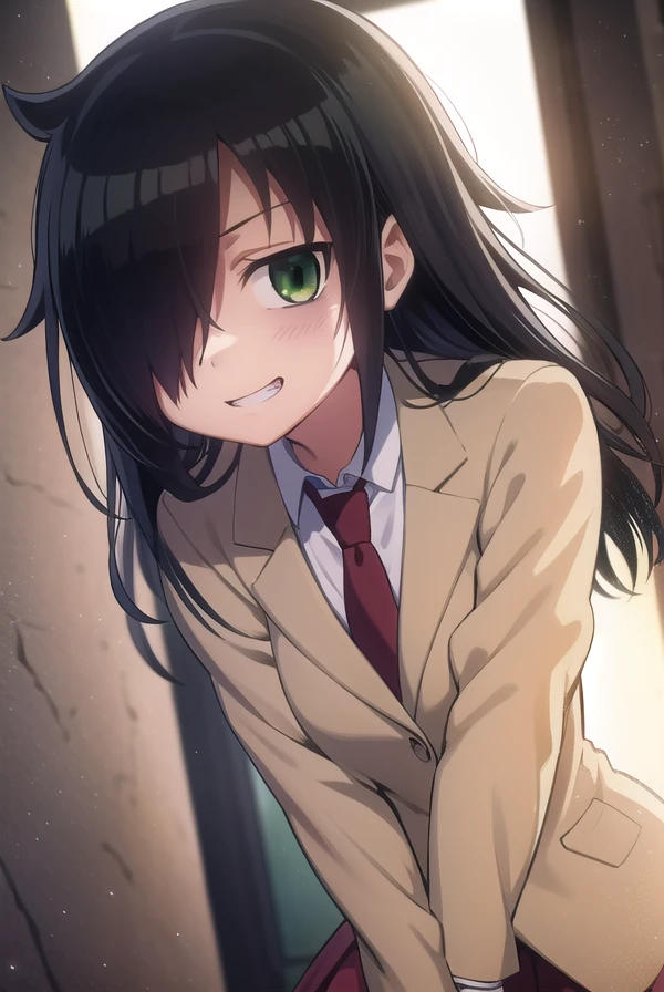 tomokokuroki, <lora:tomoko kuroki s1-lora-nochekaiser:1>,
tomoko kuroki, long hair, black hair, (green eyes:1.3), (hair over one eye:1.5), bags under eyes, smile, grin,
BREAK skirt, school uniform, necktie, blazer,
BREAK indoors, classroom,
BREAK looking at viewer, dynamic pose,
BREAK <lyco:GoodHands-beta2:1>, (masterpiece:1.2), best quality, high resolution, unity 8k wallpaper, (illustration:0.8), (beautiful detailed eyes:1.6), extremely detailed face, perfect lighting, extremely detailed CG, (perfect hands, perfect anatomy),