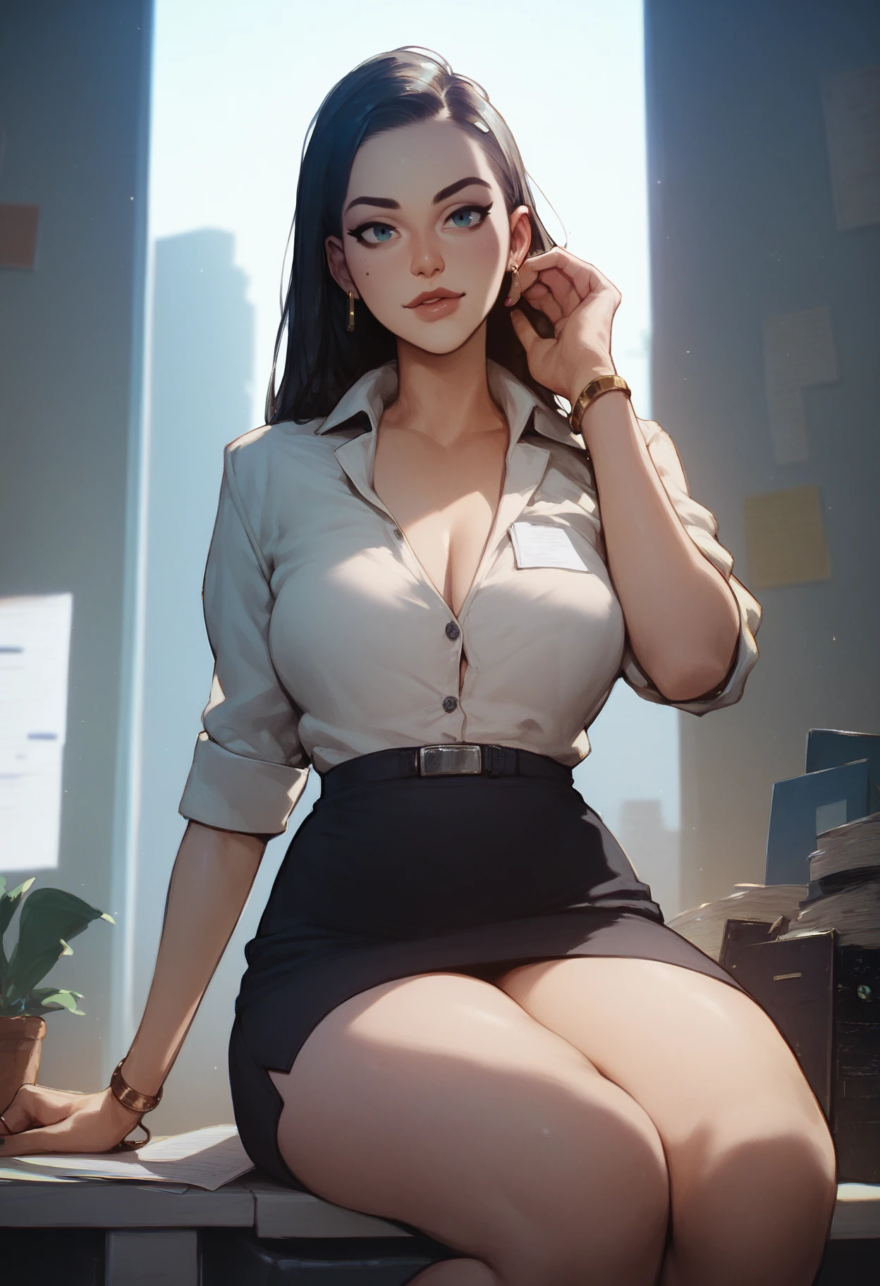 Hyper realistic super detailed sexy woman, Une fille confiante, NSFW, Very detailed, expressions faciales sexy, seductive facial expressions, [:(Face detail: 1.4): 0.4], 16K resolution, 4k resolution, dinamic lighting, High definition resolution, (sexy pose, Position attrayante), (hyper realistic: 1.4), (back light: 1.2), (sun light: 1), (pleine hauteur: 1.8),(contrasting background: 1.5), (Anatomy of the hyperrealistic arm), (Hyperrealistic anatomy of the legs), (peau propre), (lighting cinematic: 1.7), (intime), (Technologie NVIDIA RTX Ray Tracing), (Anatomy of the hyperrealistic arm: 2), (Ventre plat parfait), (image couleur),Create a 4K resolution, ultra-realistic, and extremely detailed artwork featuring a CEO in a corporate office setting with a provocative style. This CEO is the central character in the artwork, known for her commanding presence and bold appearance. She is seated at her executive desk in a modern office with large windows offering a cityscape view.

The CEO has a commanding presence. Her hair is sleek and jet black, perfectly styled to convey power and sophistication. Her eyes are a piercing emerald green, exuding confidence and determination. She has a provocative yet professional silhouette, with a tailored business suit that subtly emphasizes her figure. Her makeup is bold, with striking red lips and a gaze that demands attention.

She is dressed provocatively, making a bold fashion statement. Her business suit is exquisitely tailored, with a slightly low-cut blazer that adds a touch of allure to her attire. She wears a pencil skirt that accentuates her elegance and high heels that command authority. Her jewelry is exquisite, adding a touch of glamour to her overall appearance.