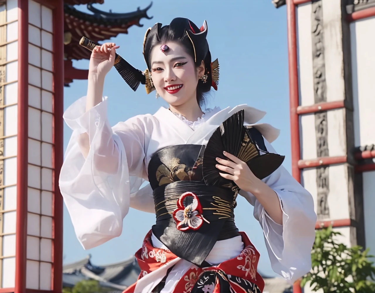 juuzaxl. full body of a happy beautiful woman in dynamic pose with makeup wearing a kimono. ultra-hd-photos, ultra-detailed, temple background.  <lora:juuzaXL:1.0>