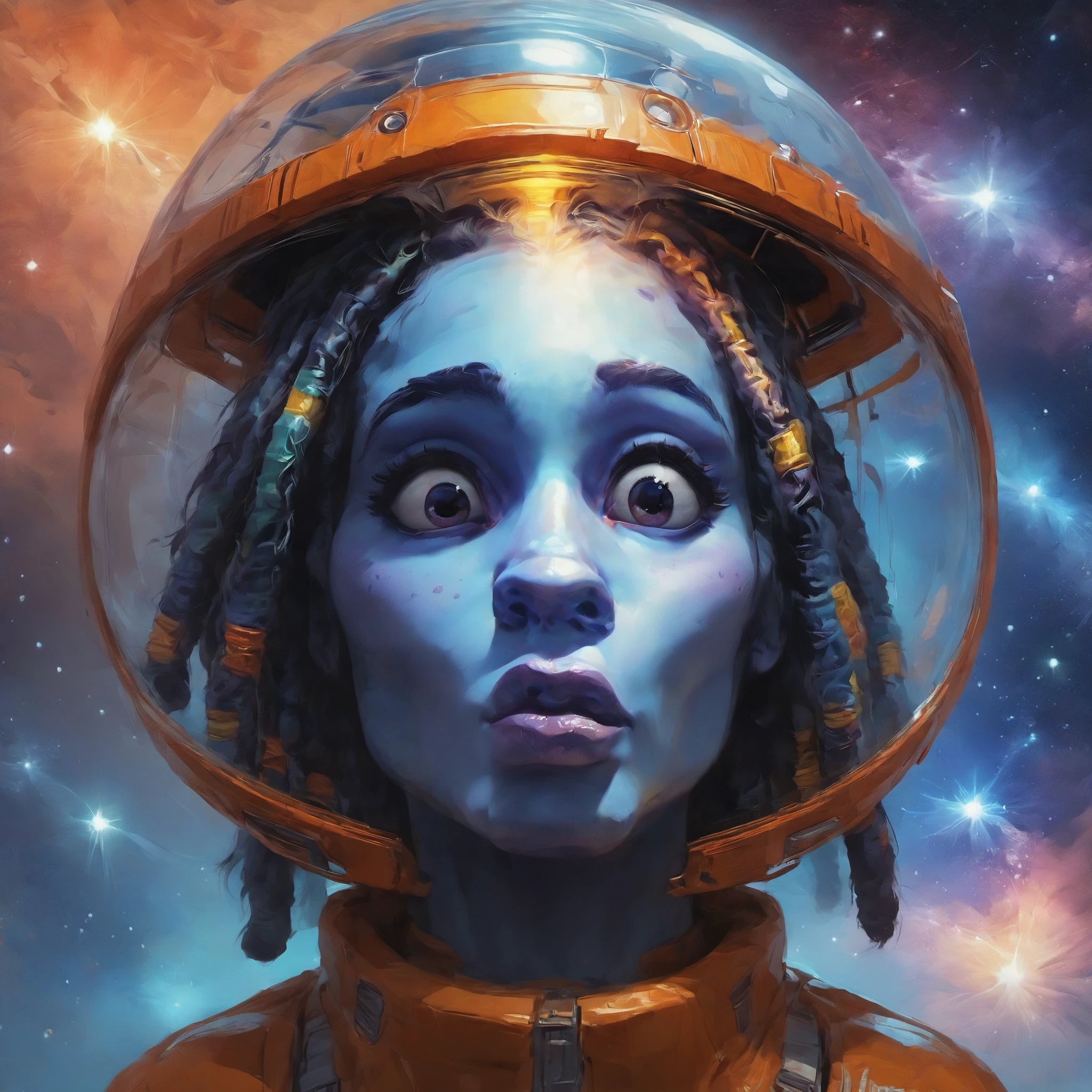 score_9, score_8_up, score_7_up, stylized 2d portrait of a cute alien woman (puckering:1.2) her lips, blue skin, tied back dreadlocks, raised eyebrows, wide eyes, excited, wearing orange space suit and helmet, floating in space, nebula in background, top lit, highly detailed, digital art, 